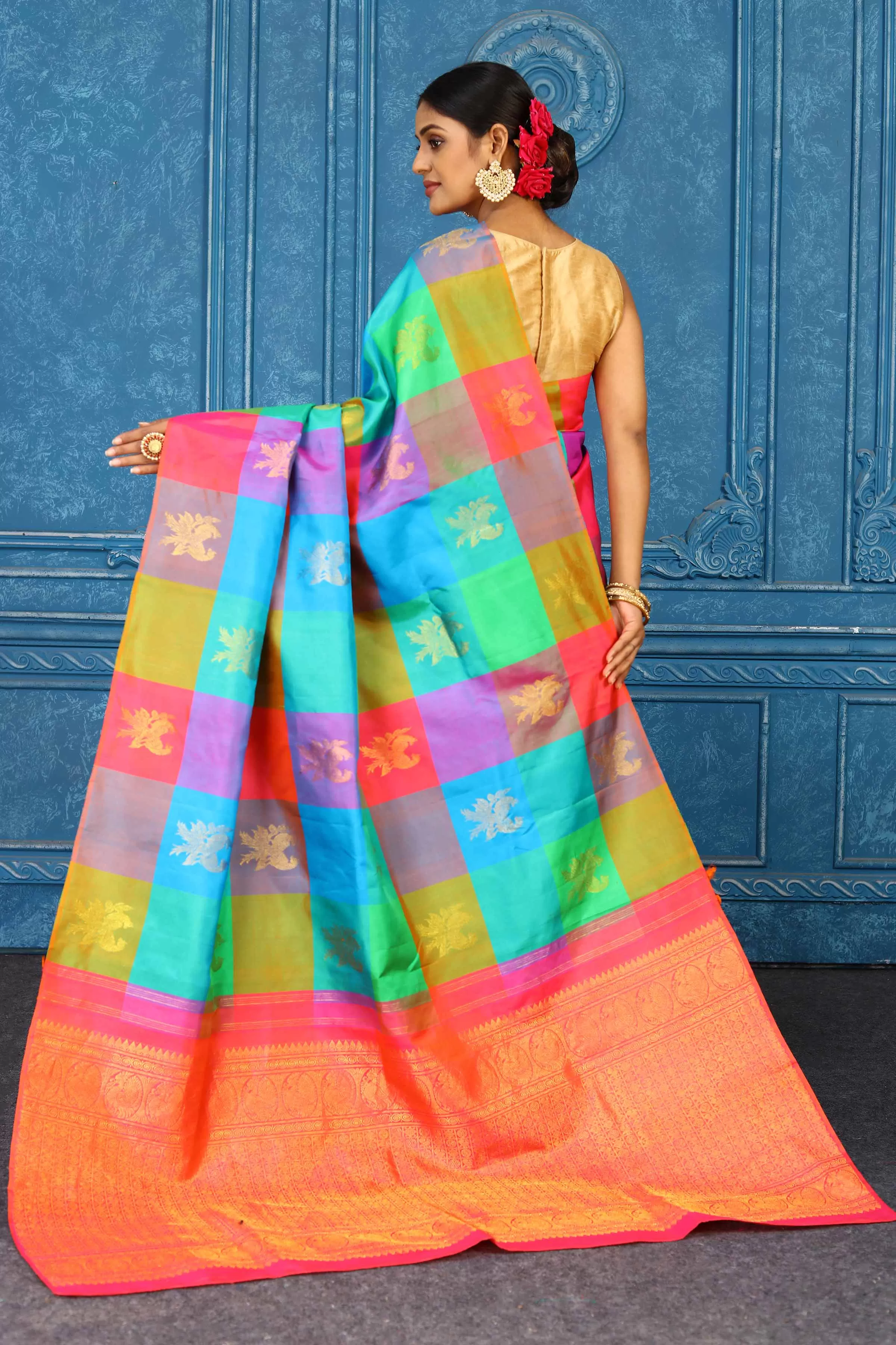 91A459 Multicolor Check Kanchipuram Silk Saree with Zari Buta