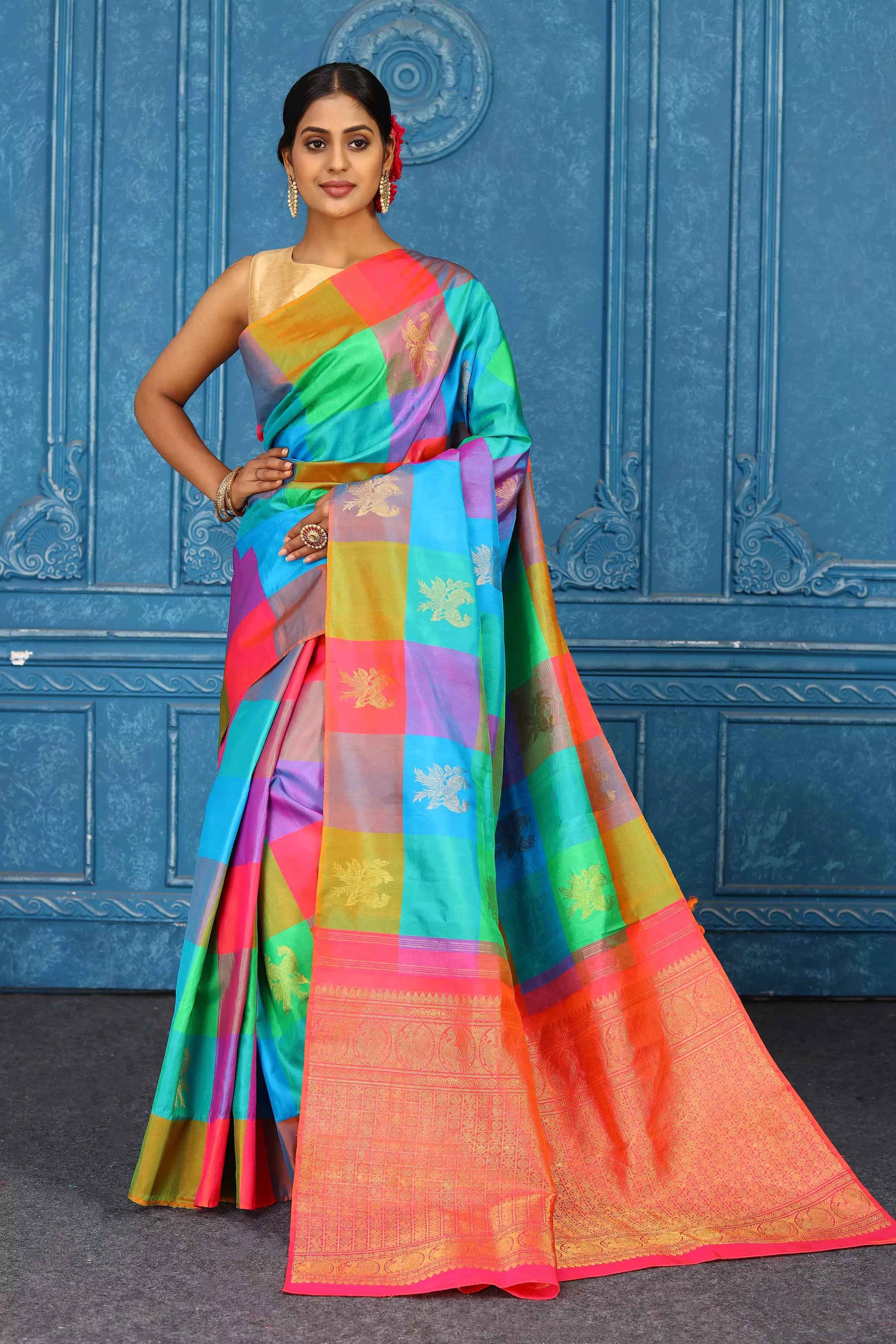 91A459 Multicolor Check Kanchipuram Silk Saree with Zari Buta