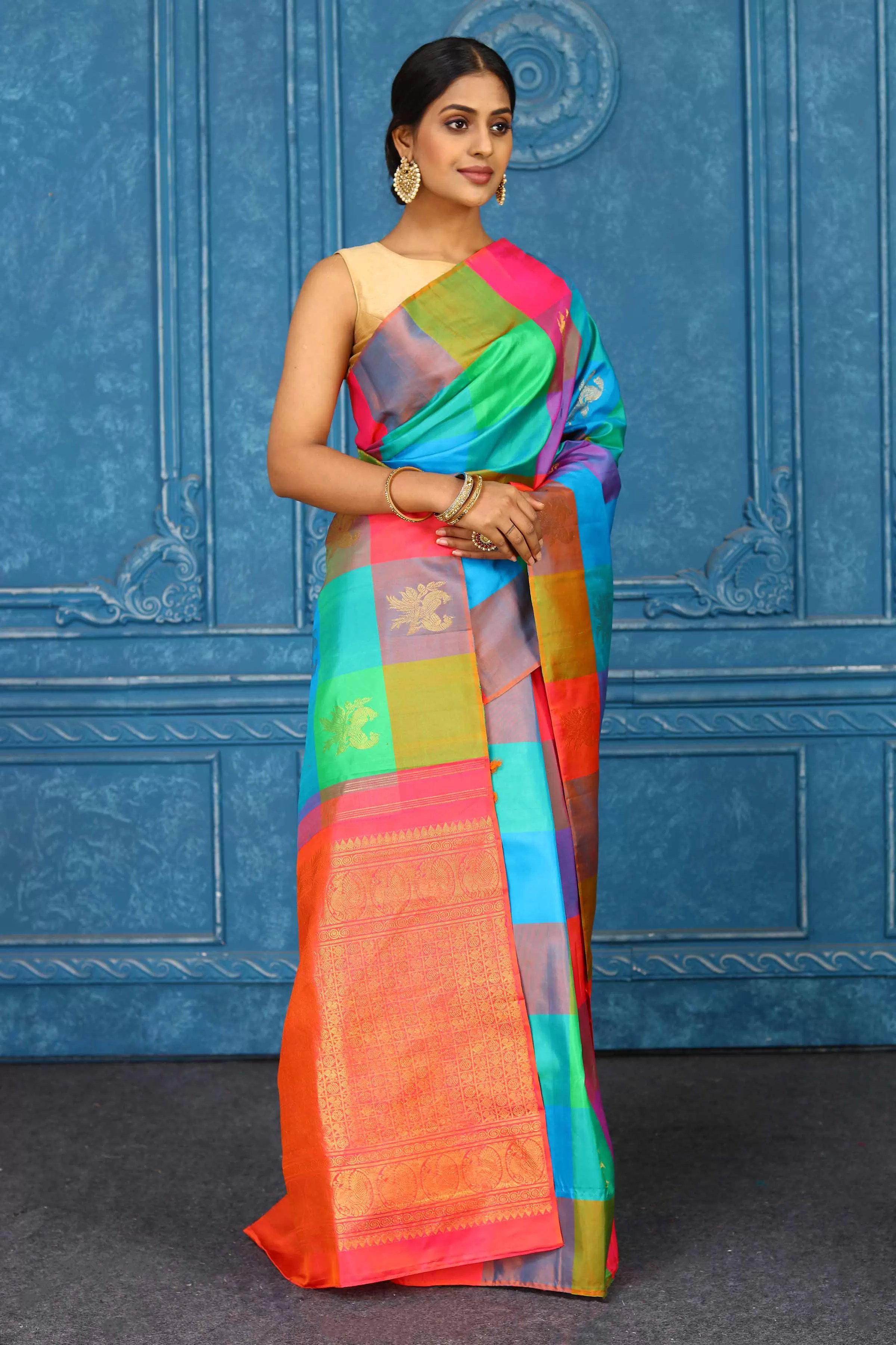 91A459 Multicolor Check Kanchipuram Silk Saree with Zari Buta