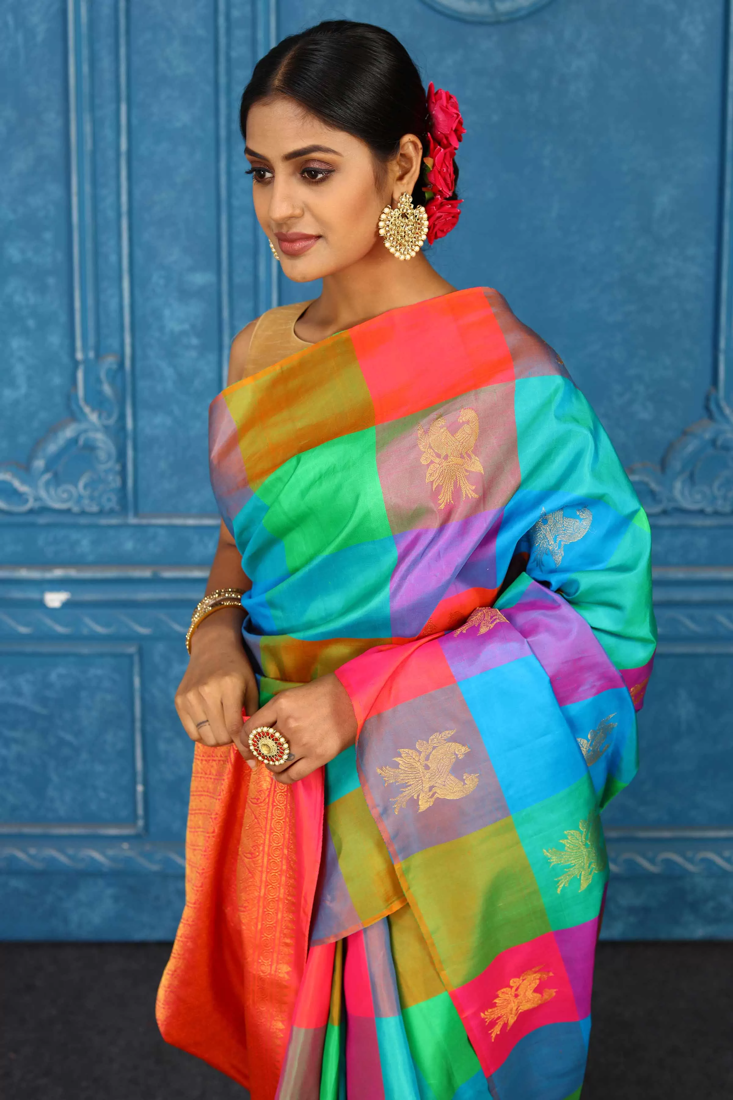 91A459 Multicolor Check Kanchipuram Silk Saree with Zari Buta