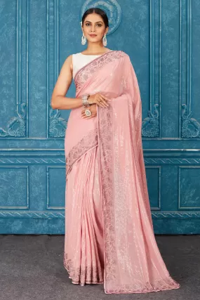 91A480 Light Pink Sequin Saree with Stone Work