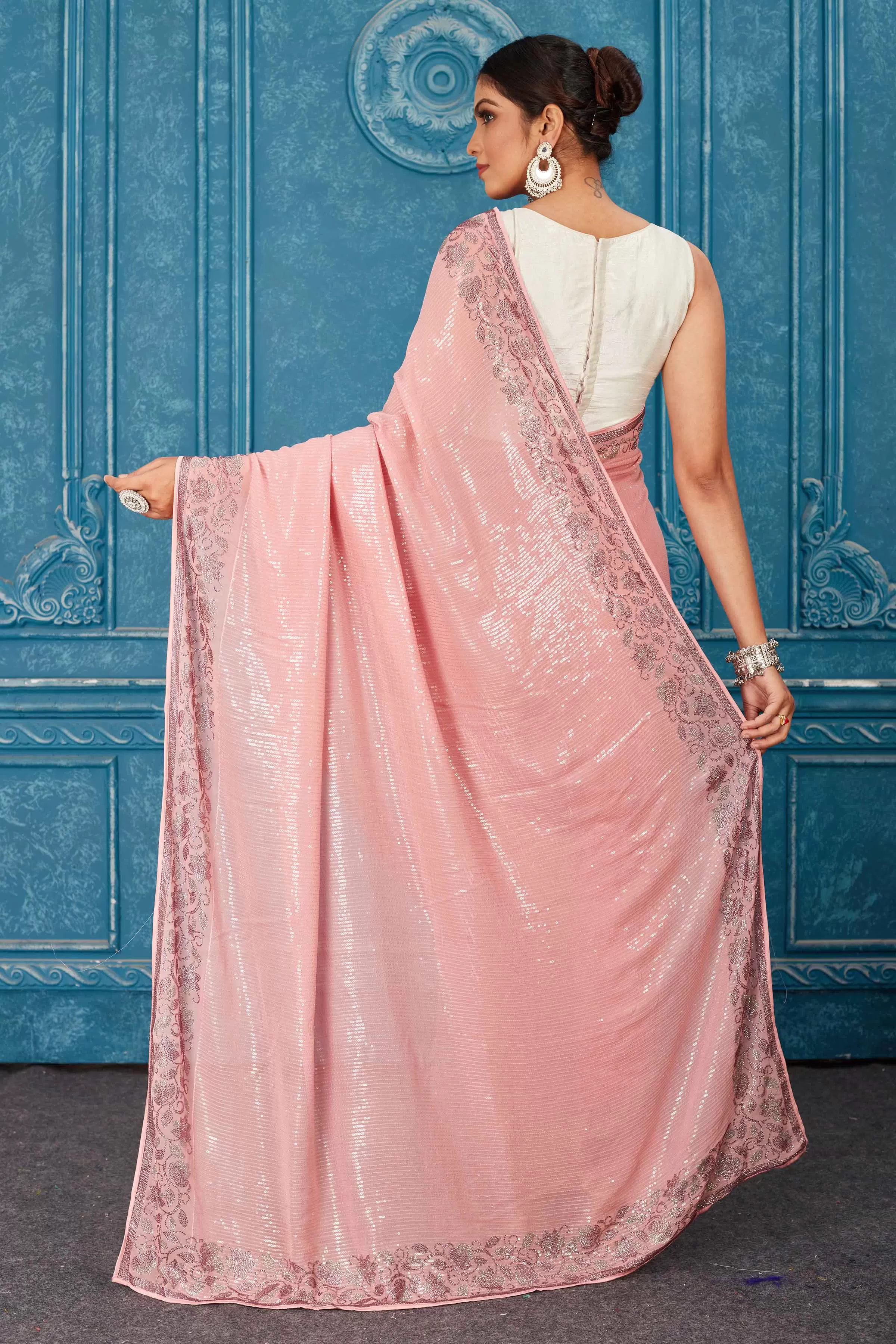 91A480 Light Pink Sequin Saree with Stone Work