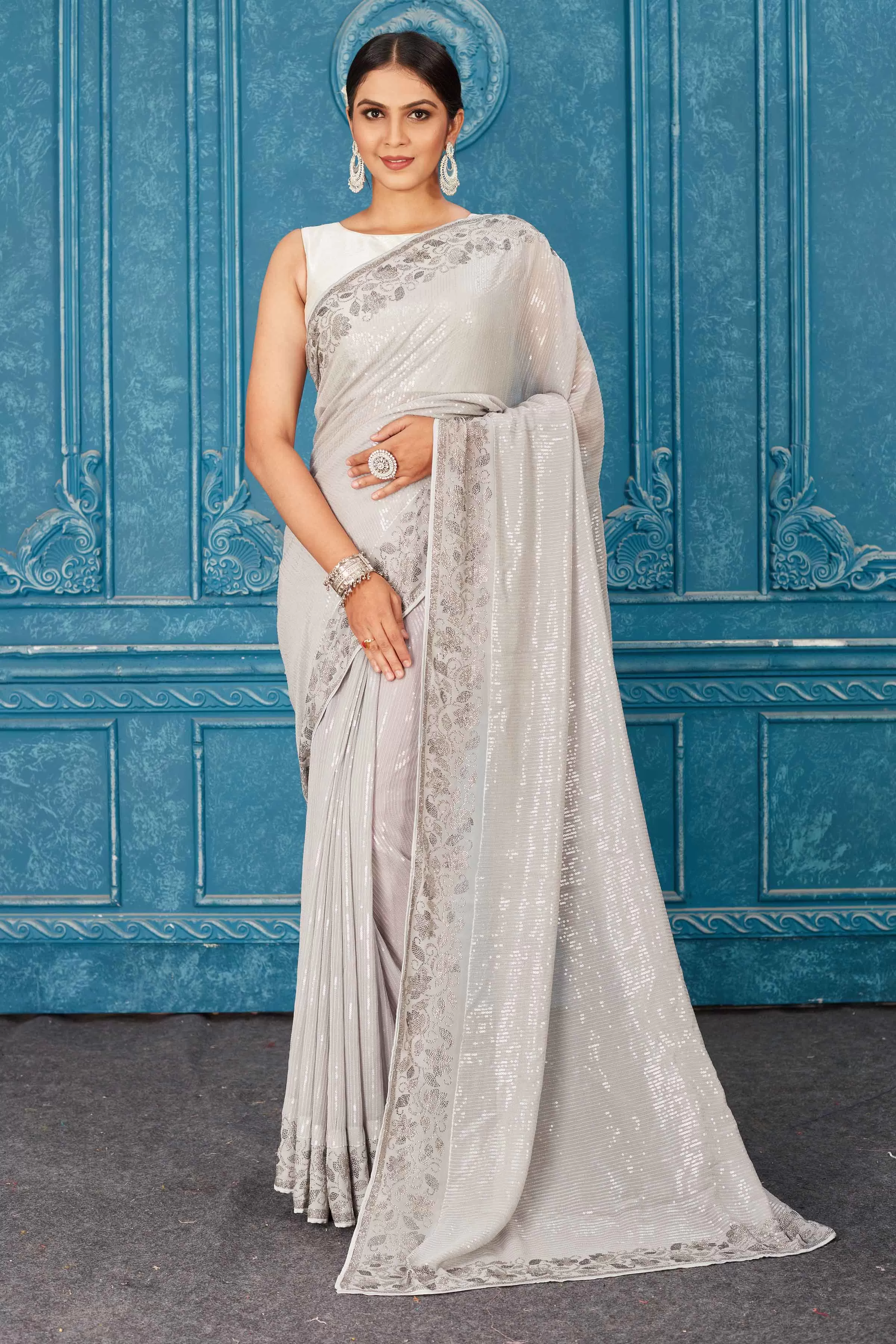 91A482 Light Grey Sequin Saree with Stone Work