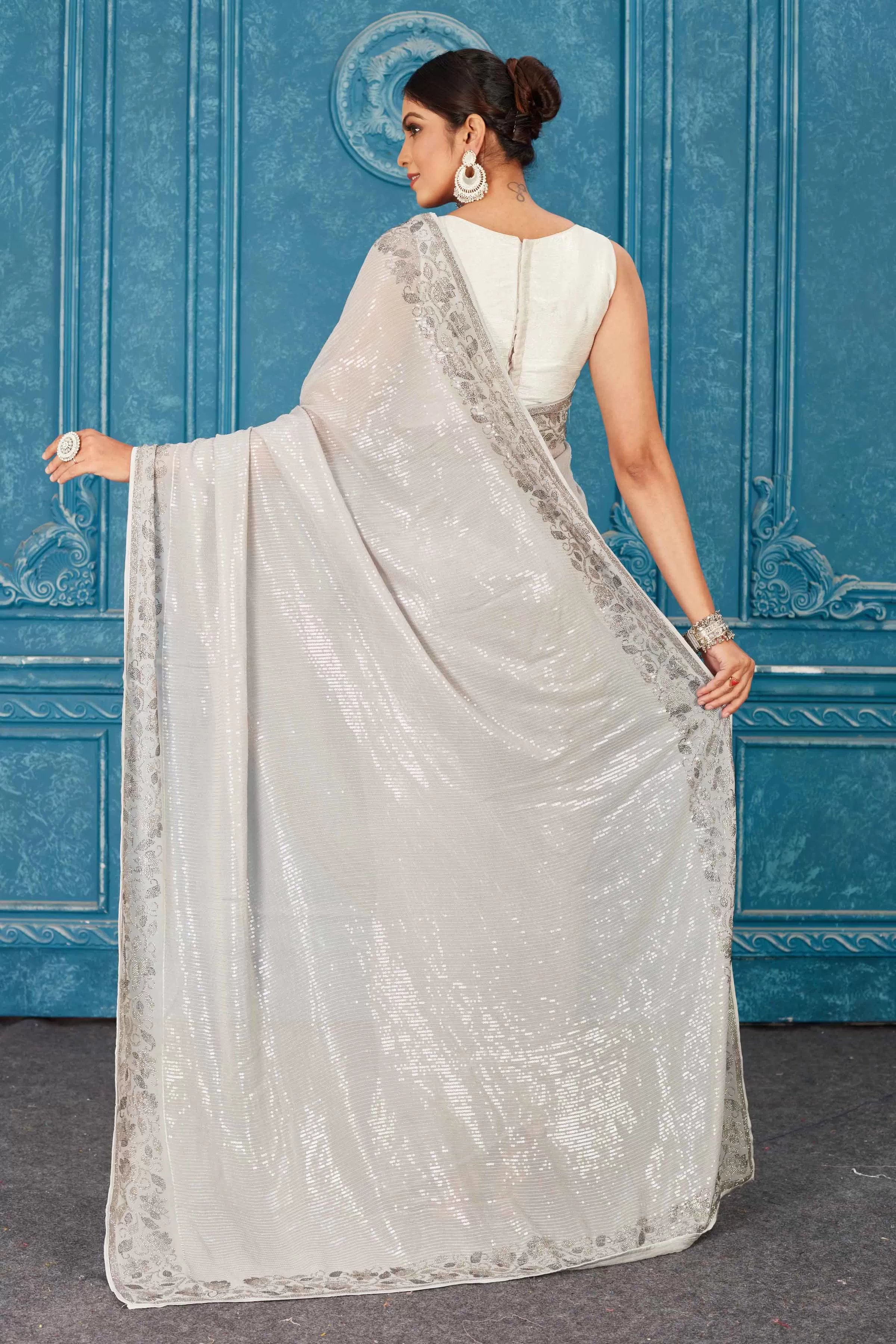 91A482 Light Grey Sequin Saree with Stone Work