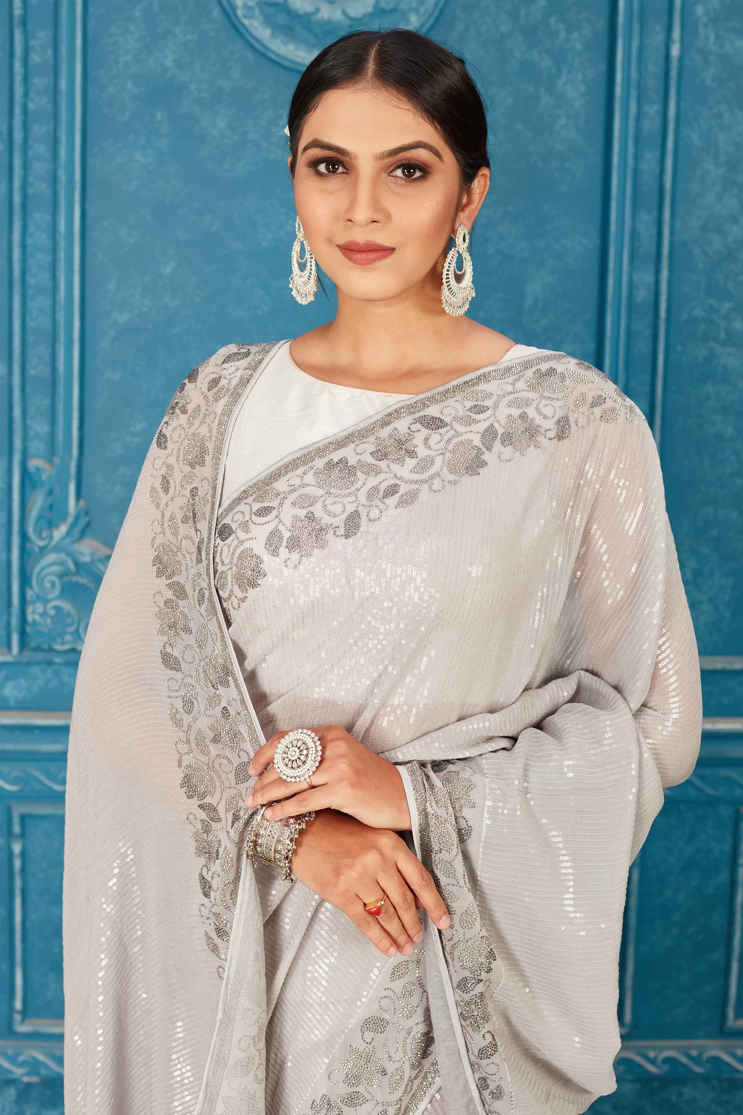 91A482 Light Grey Sequin Saree with Stone Work