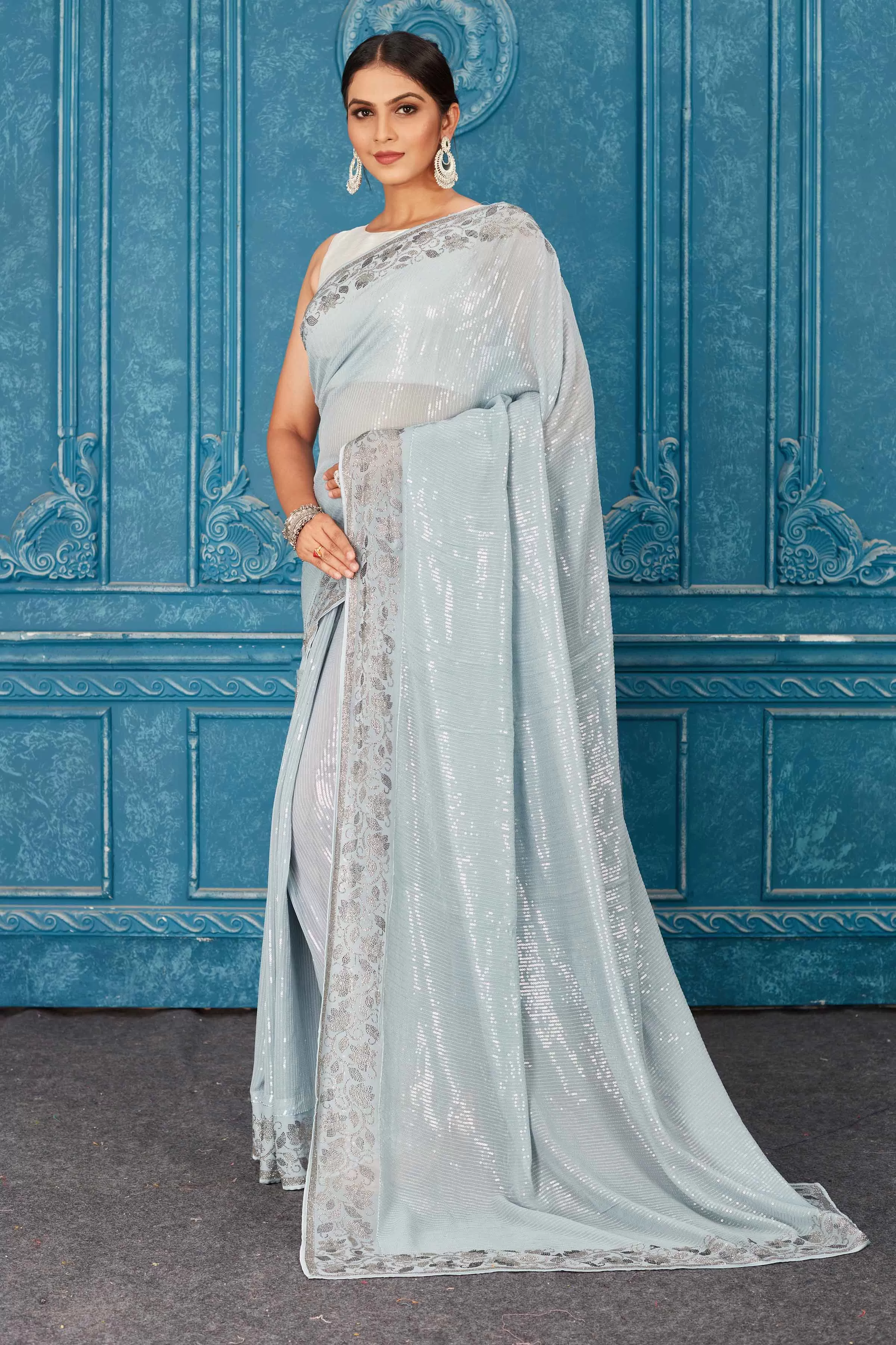 91A485 Powder Blue Sequin Saree with Stone Work