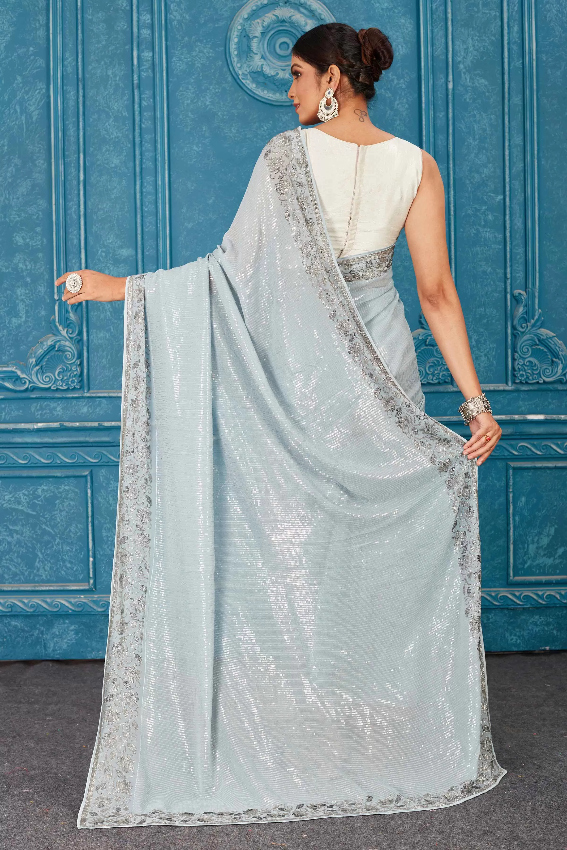 91A485 Powder Blue Sequin Saree with Stone Work