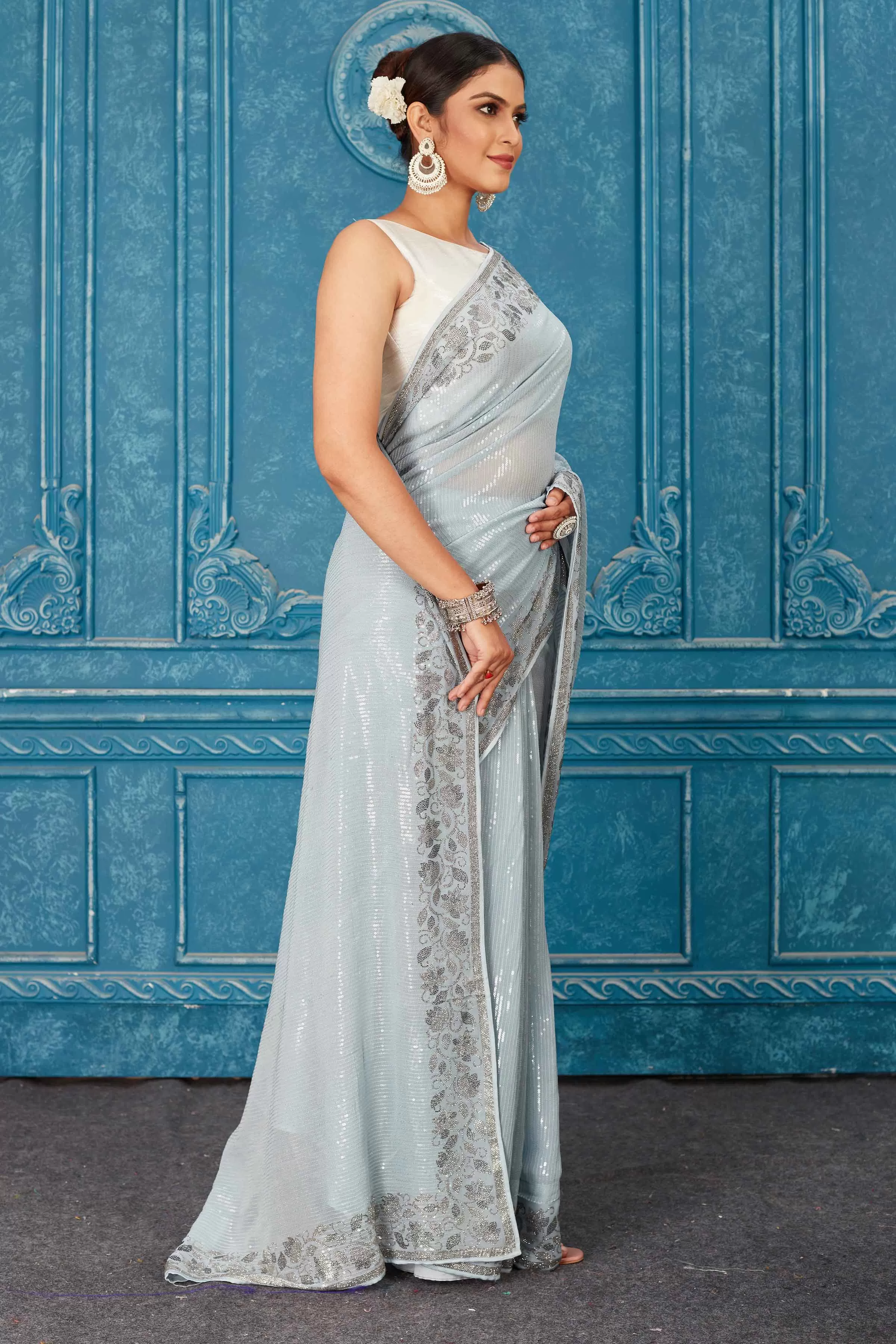 91A485 Powder Blue Sequin Saree with Stone Work