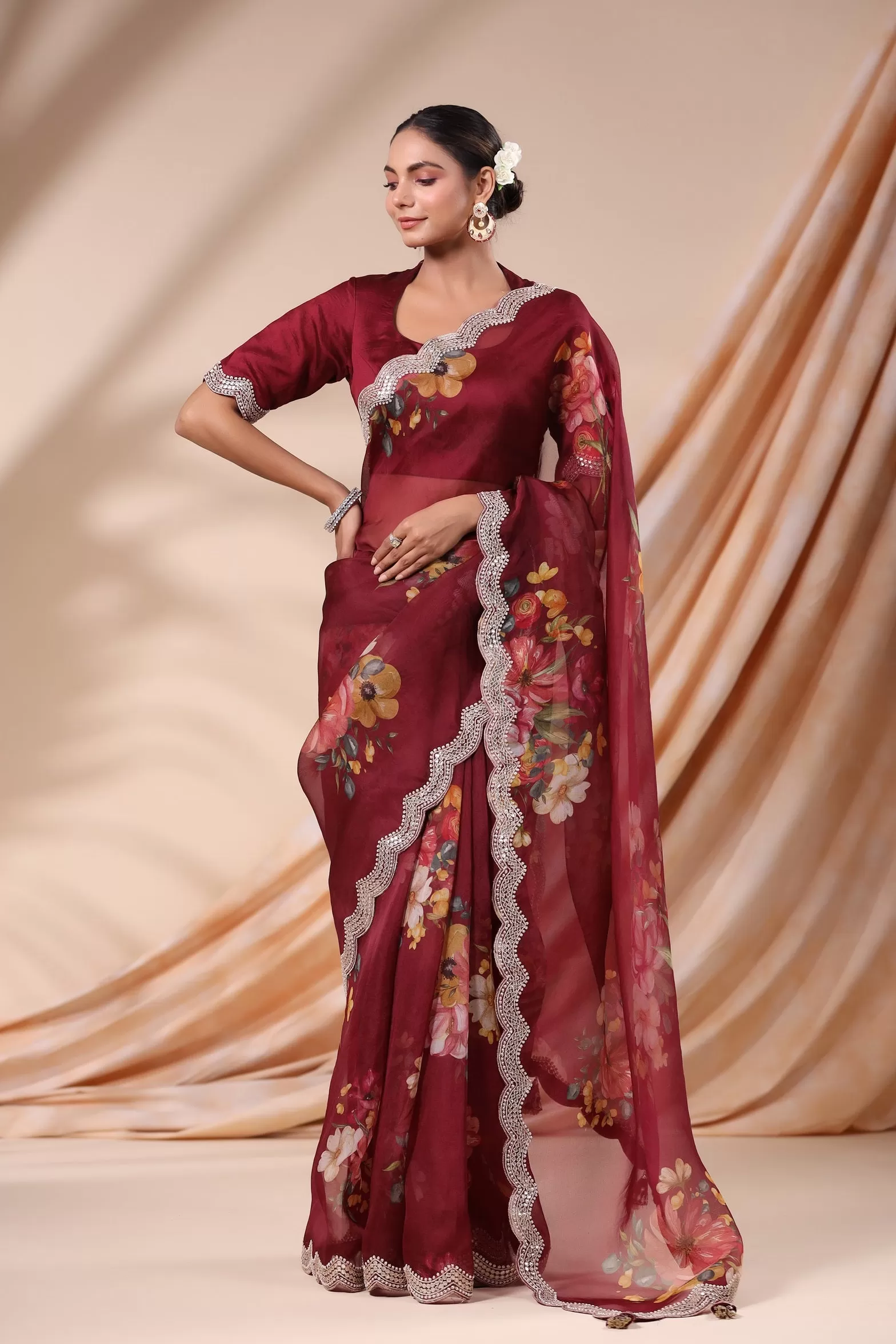 92A083 Maroon Floral Organza Sari with Embroidered Scalloped Border