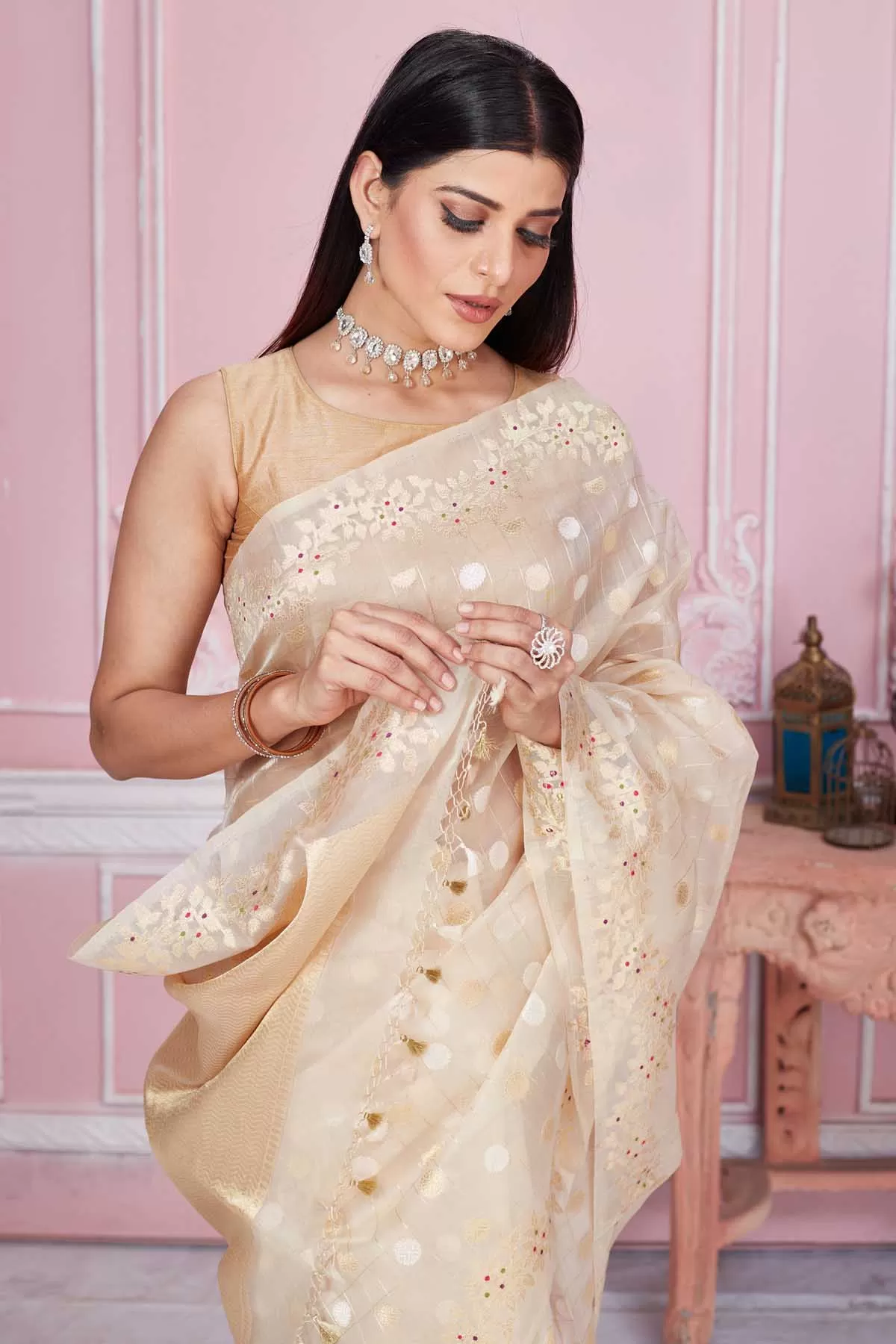 92A210 Cream Banarasi Saree With Scattered Buti and Zari Border