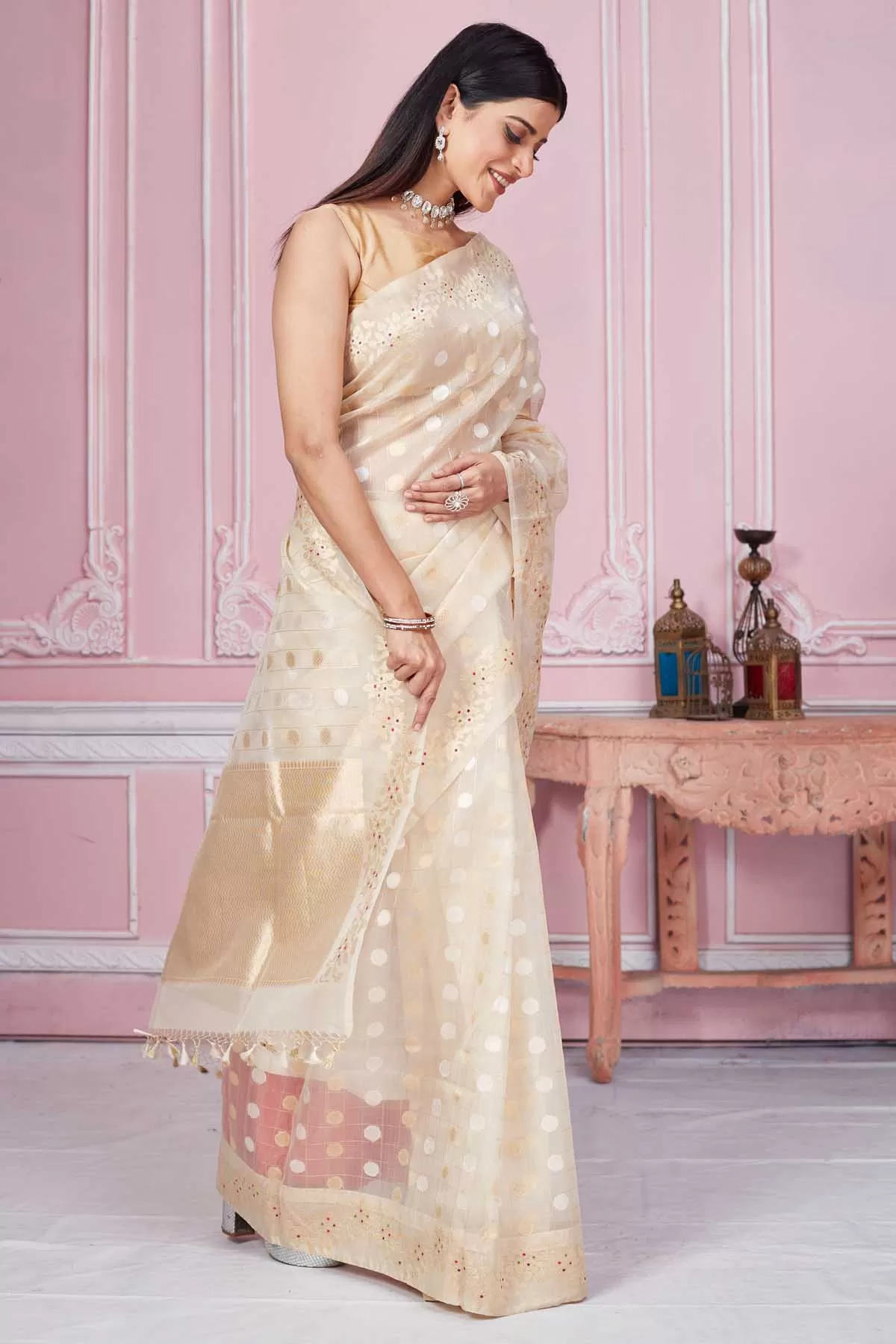 92A210 Cream Banarasi Saree With Scattered Buti and Zari Border