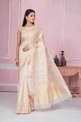 92A210 Cream Banarasi Saree With Scattered Buti and Zari Border