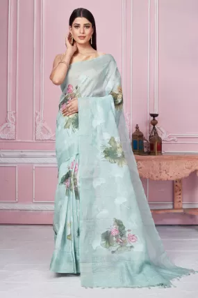 92A216 Mint Green Floral Print Banarasi Saree