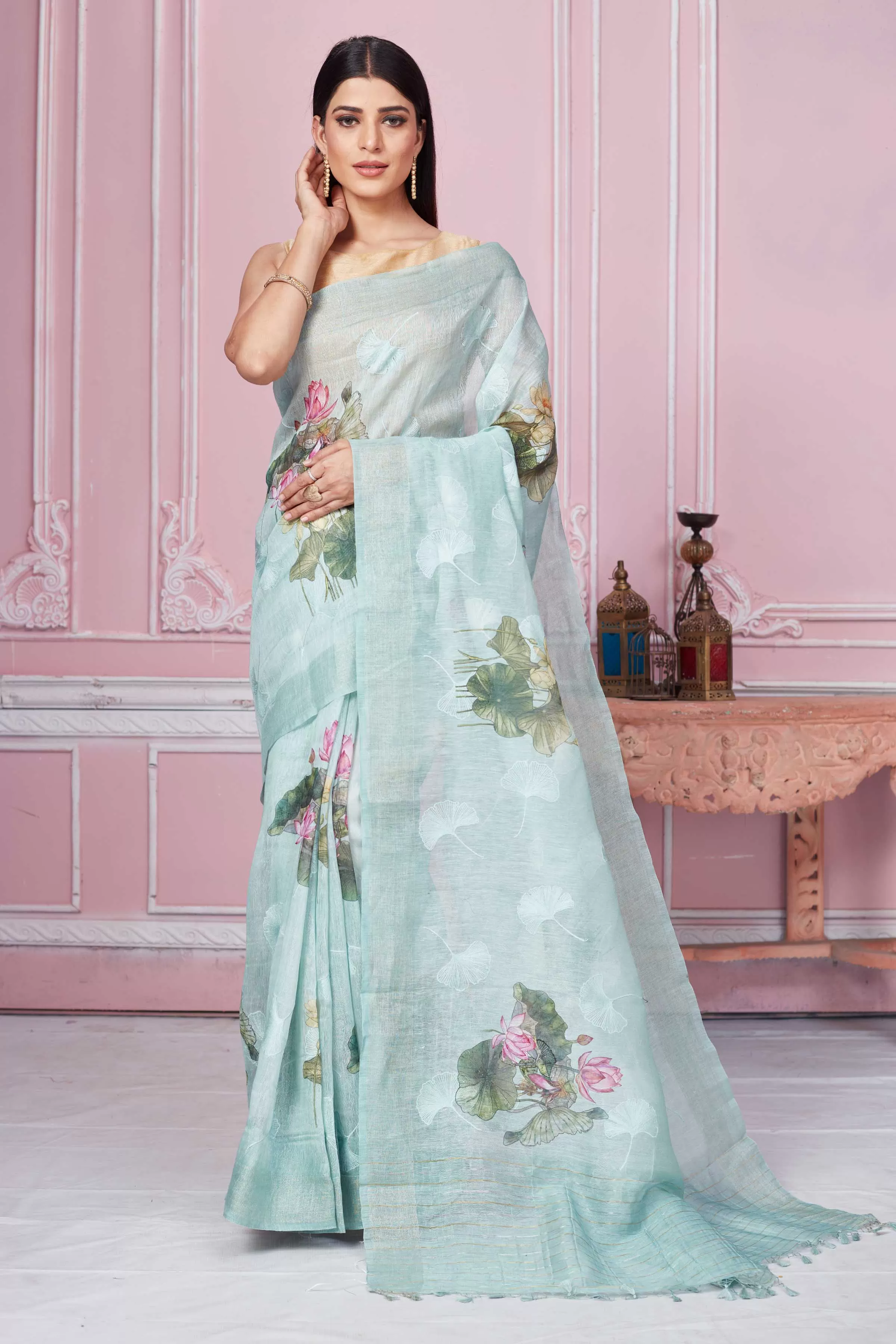 92A216 Mint Green Floral Print Banarasi Saree