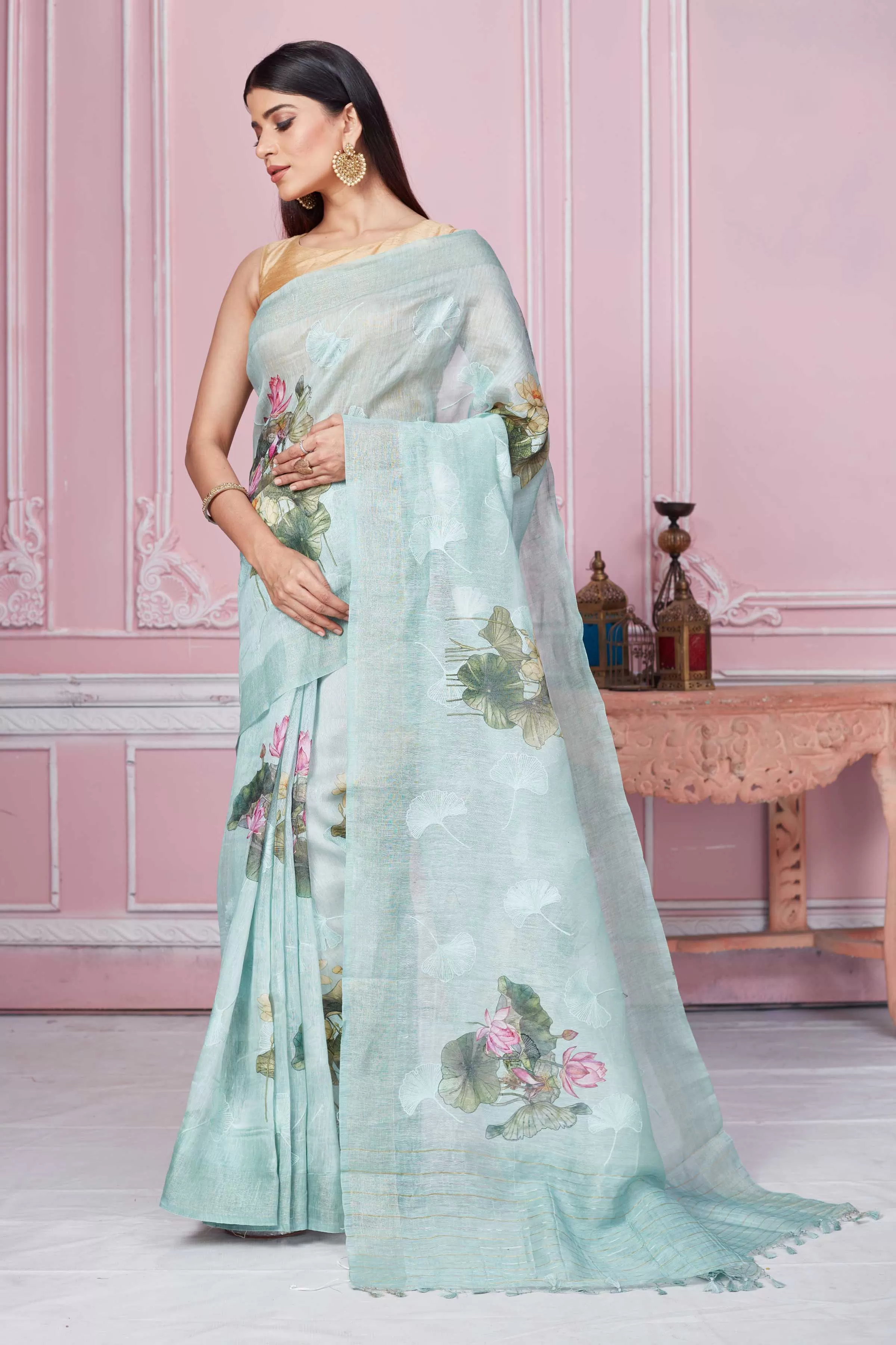 92A216 Mint Green Floral Print Banarasi Saree