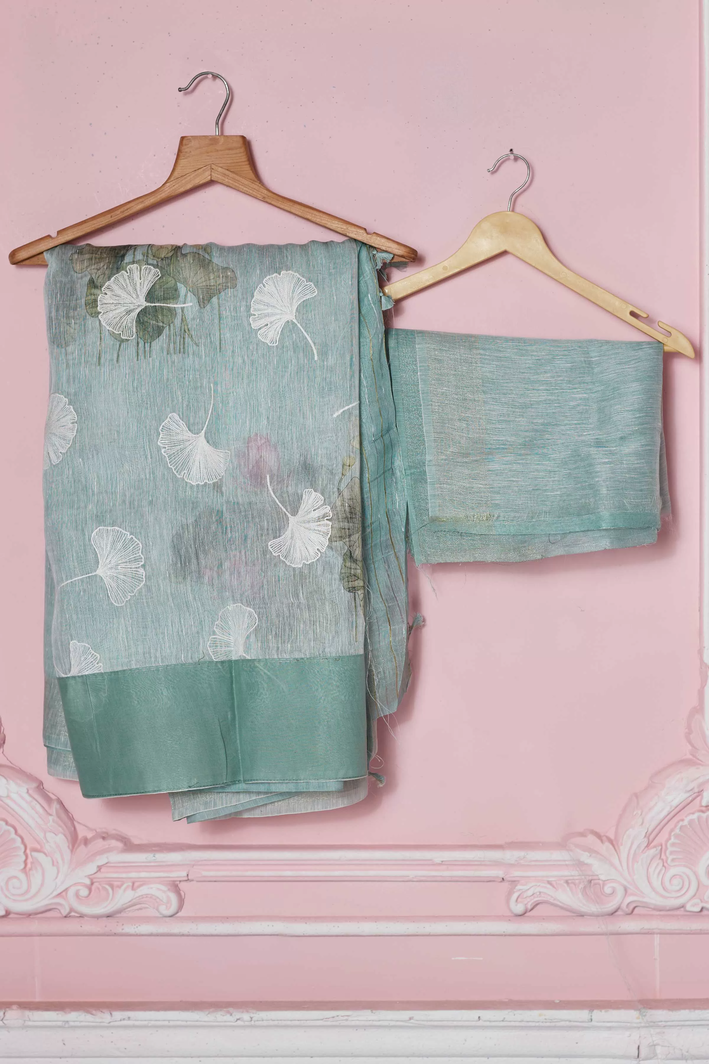 92A216 Mint Green Floral Print Banarasi Saree