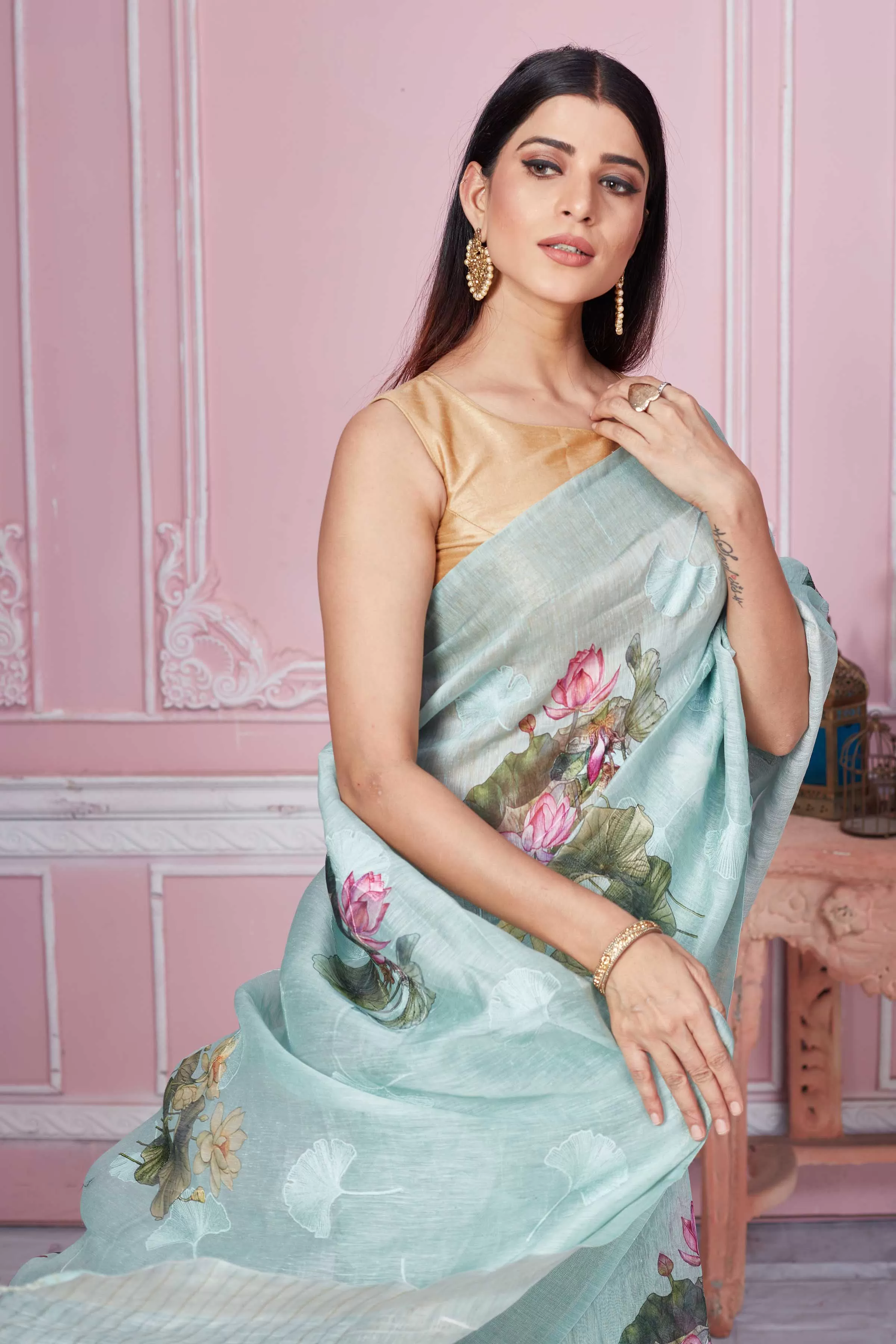 92A216 Mint Green Floral Print Banarasi Saree