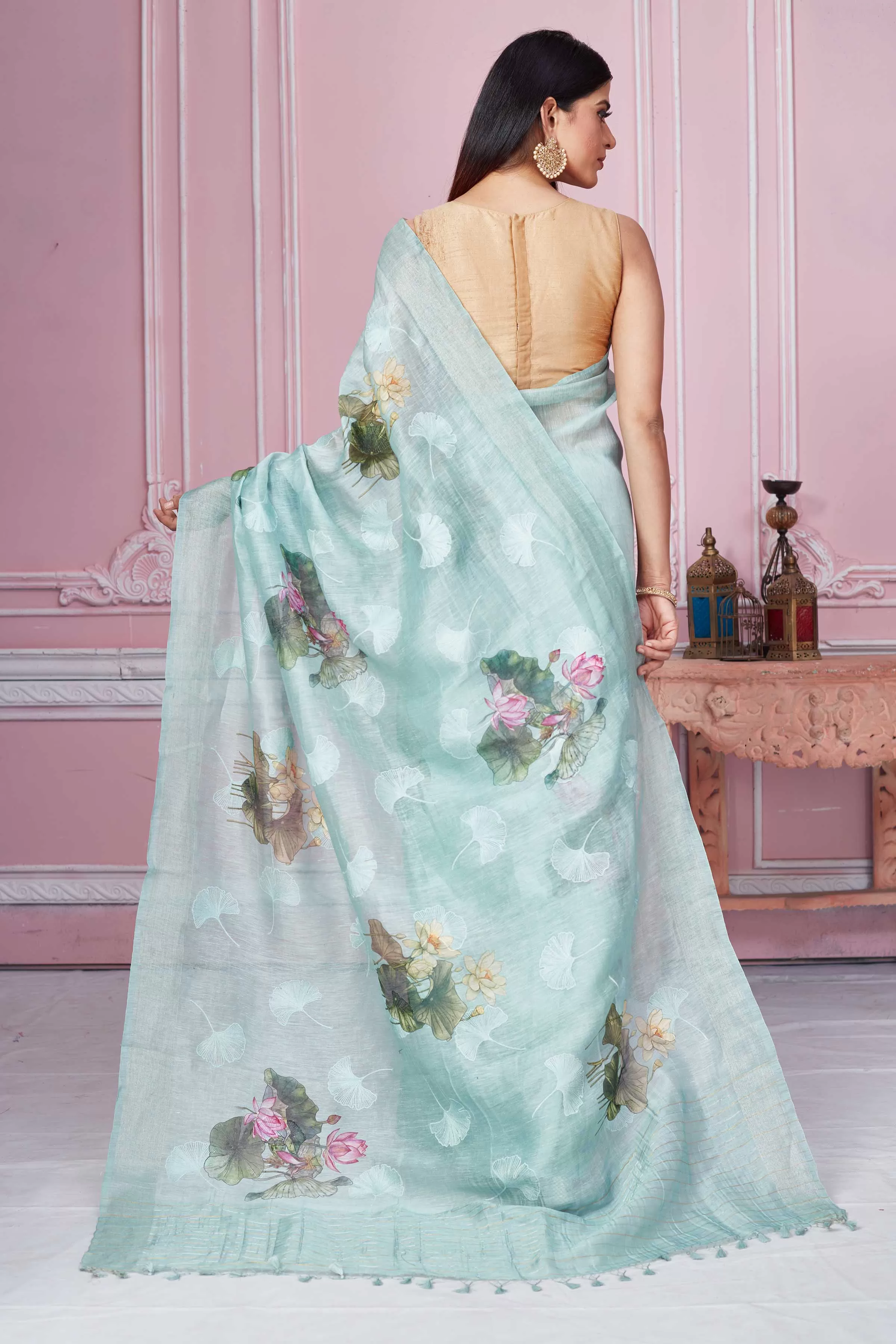 92A216 Mint Green Floral Print Banarasi Saree