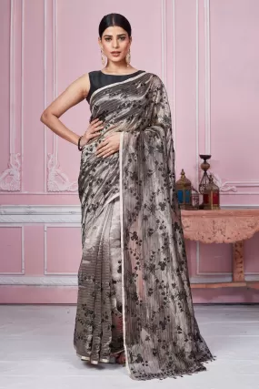 92A220 Metallic Grey Floral Banarasi Saree