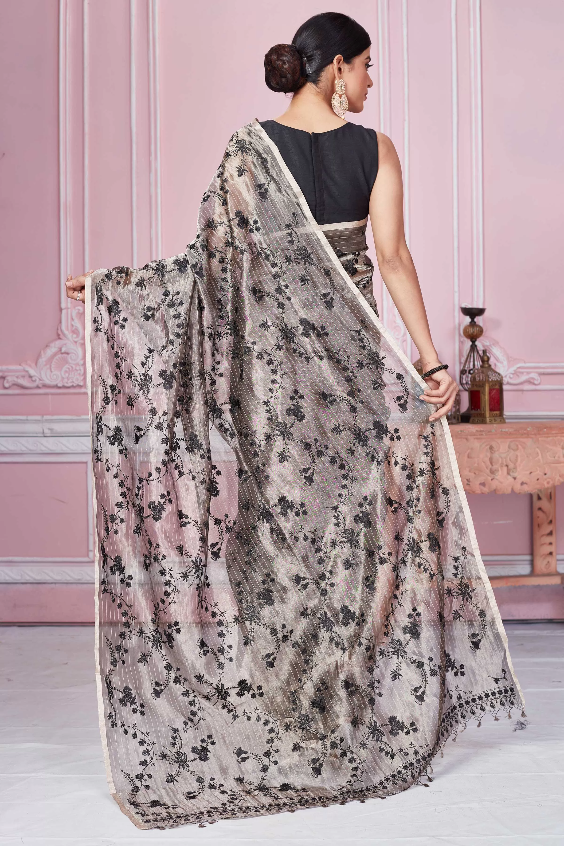 92A220 Metallic Grey Floral Banarasi Saree