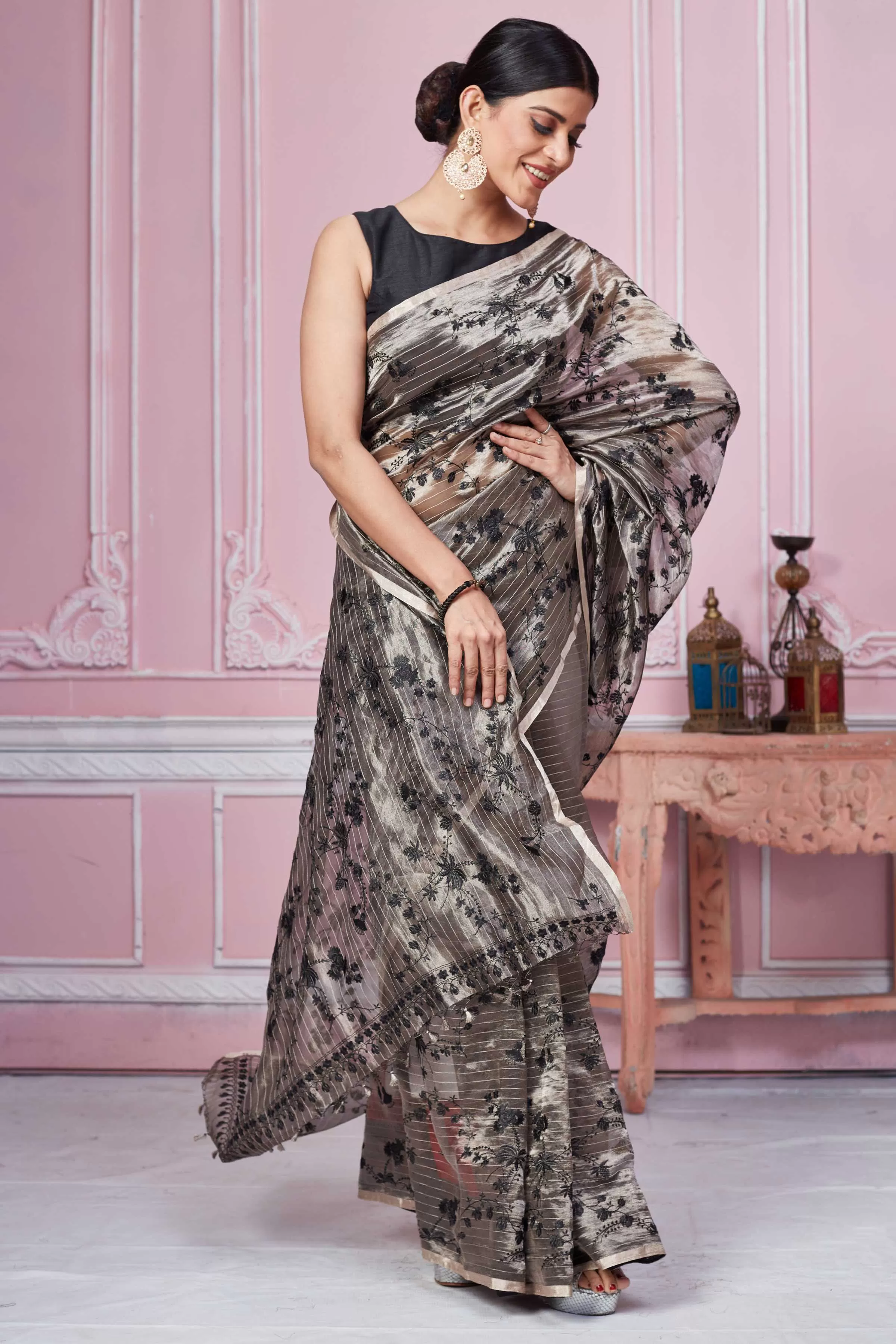 92A220 Metallic Grey Floral Banarasi Saree