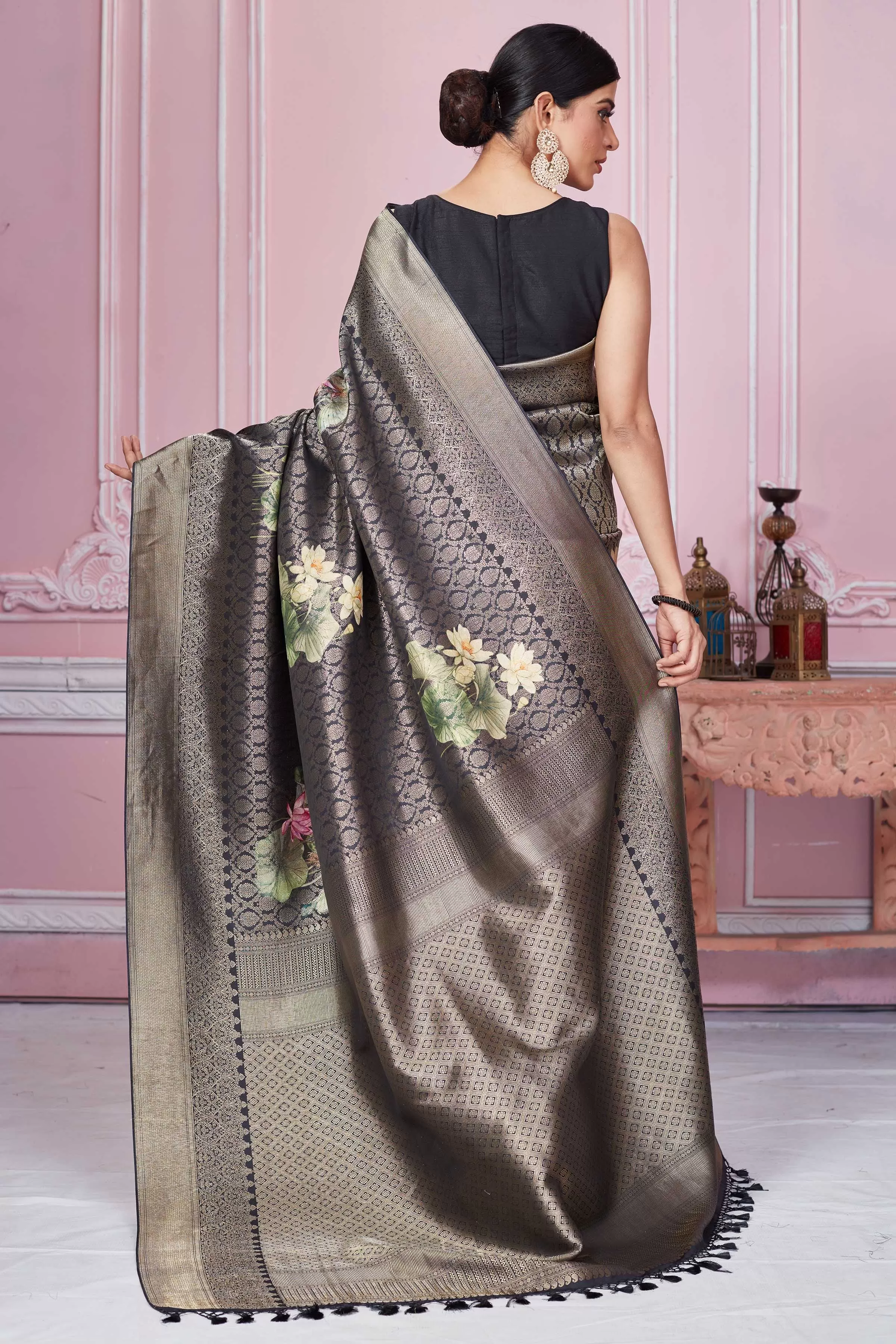 92A229 Dark Grey Floral Zari Banarasi Saree