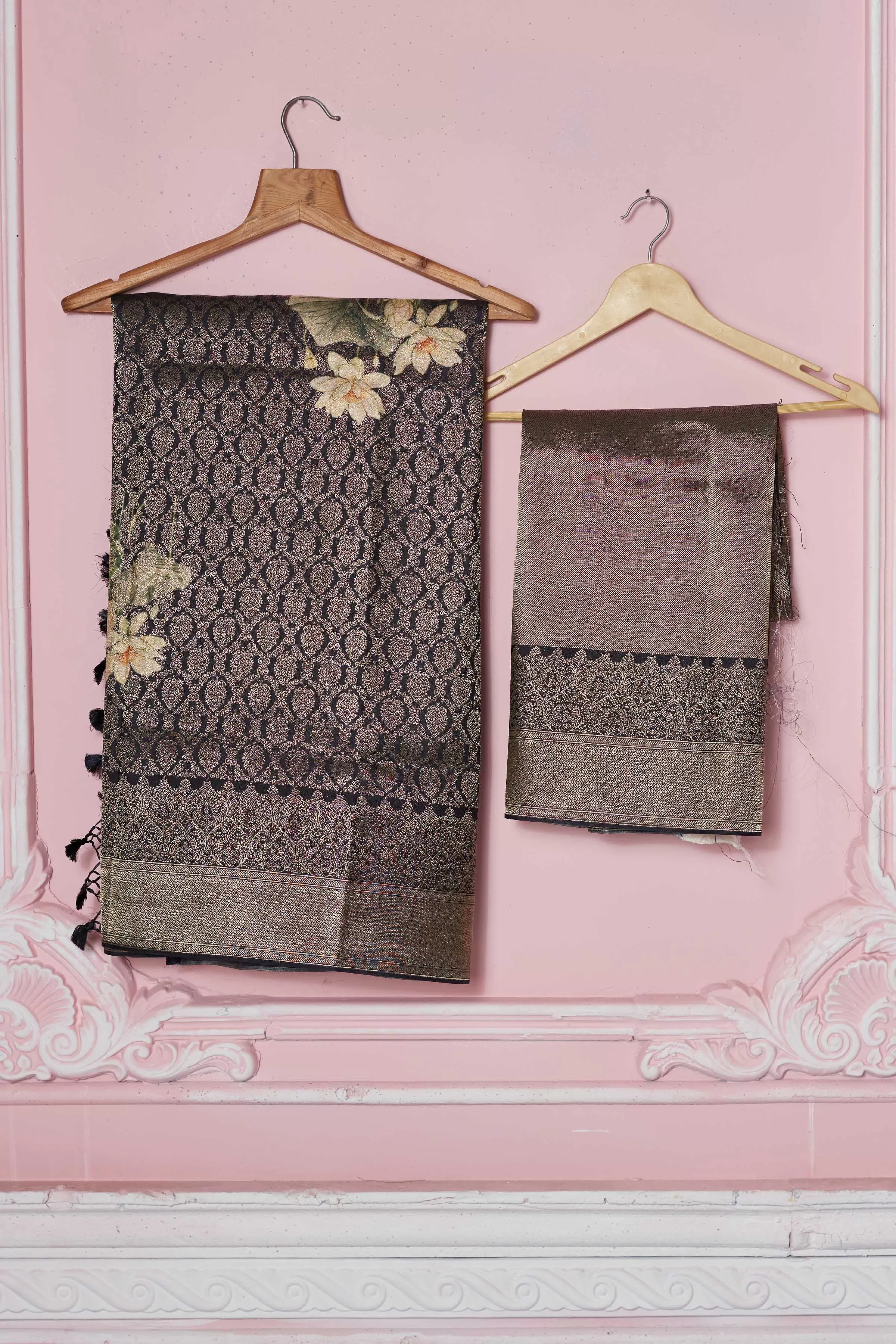 92A229 Dark Grey Floral Zari Banarasi Saree