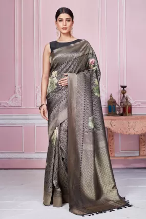 92A229 Dark Grey Floral Zari Banarasi Saree