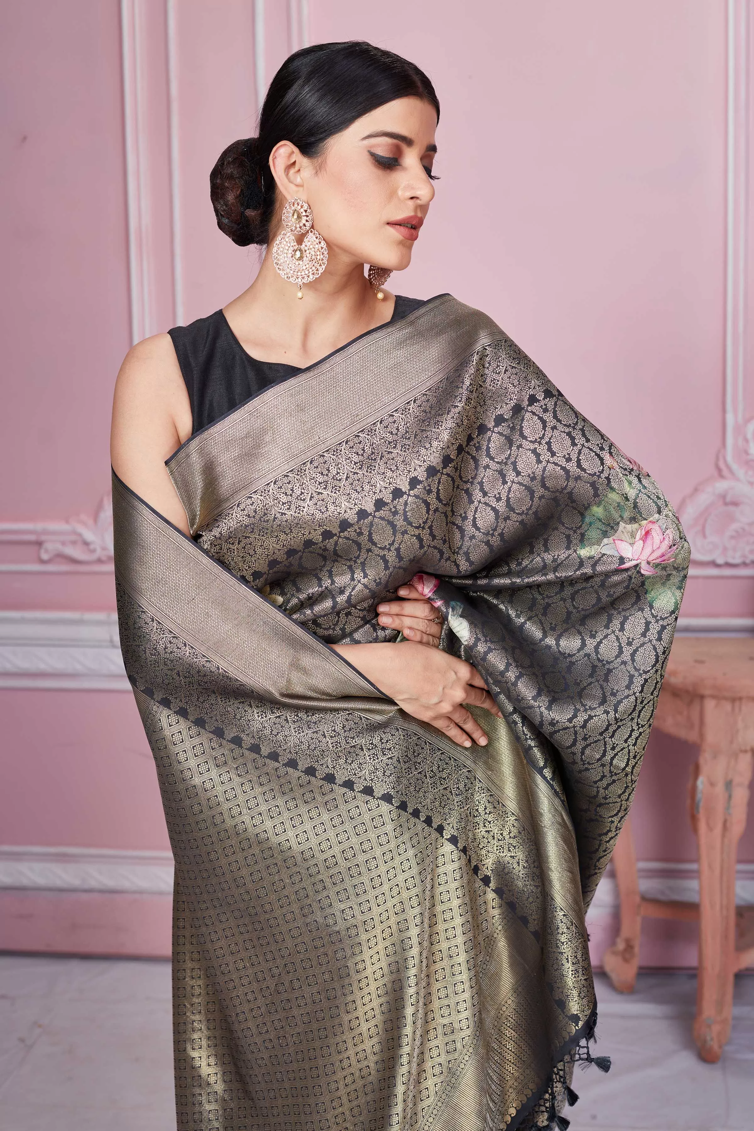 92A229 Dark Grey Floral Zari Banarasi Saree