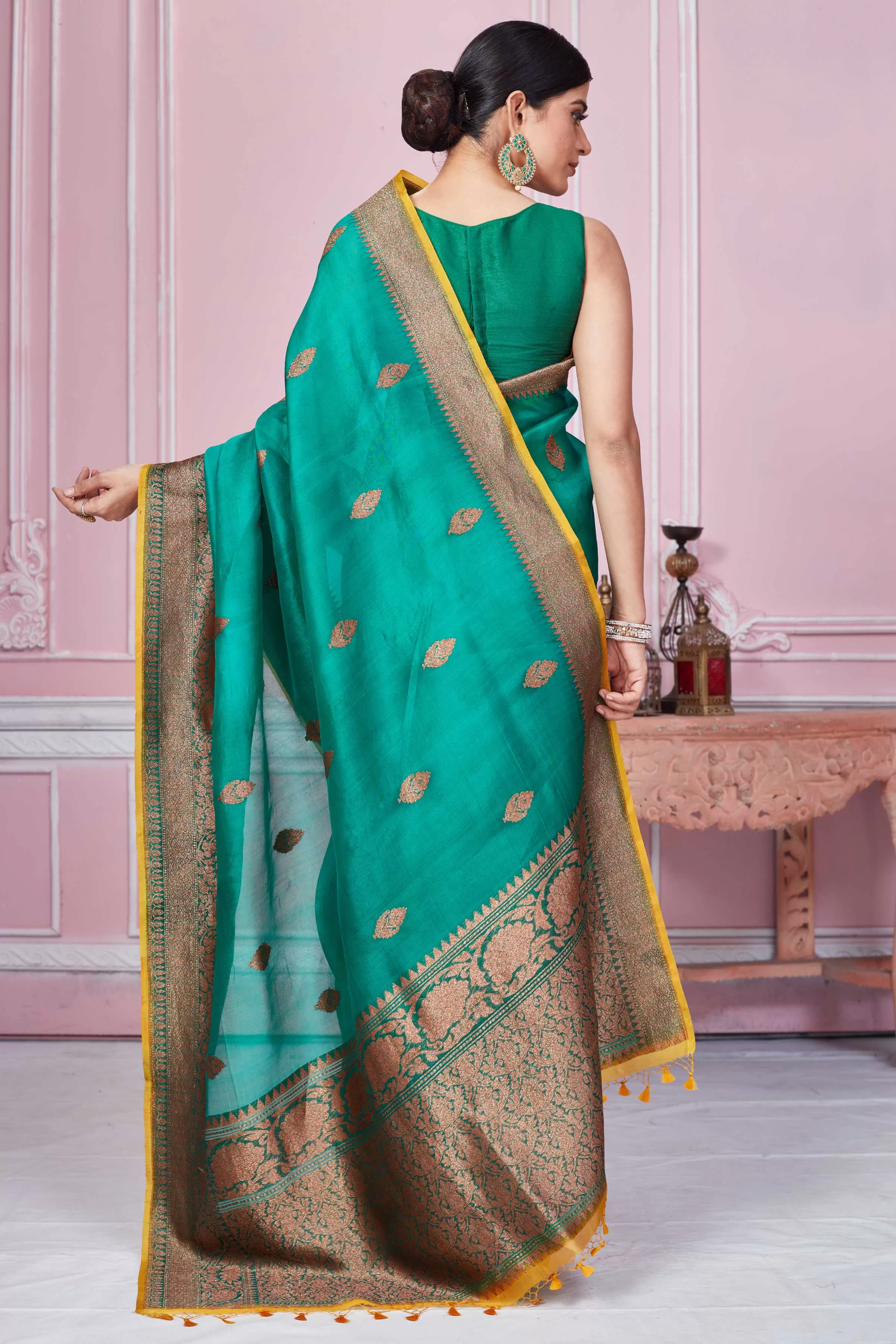 92A236 Green Banarasi Saree With Antique Zari Border