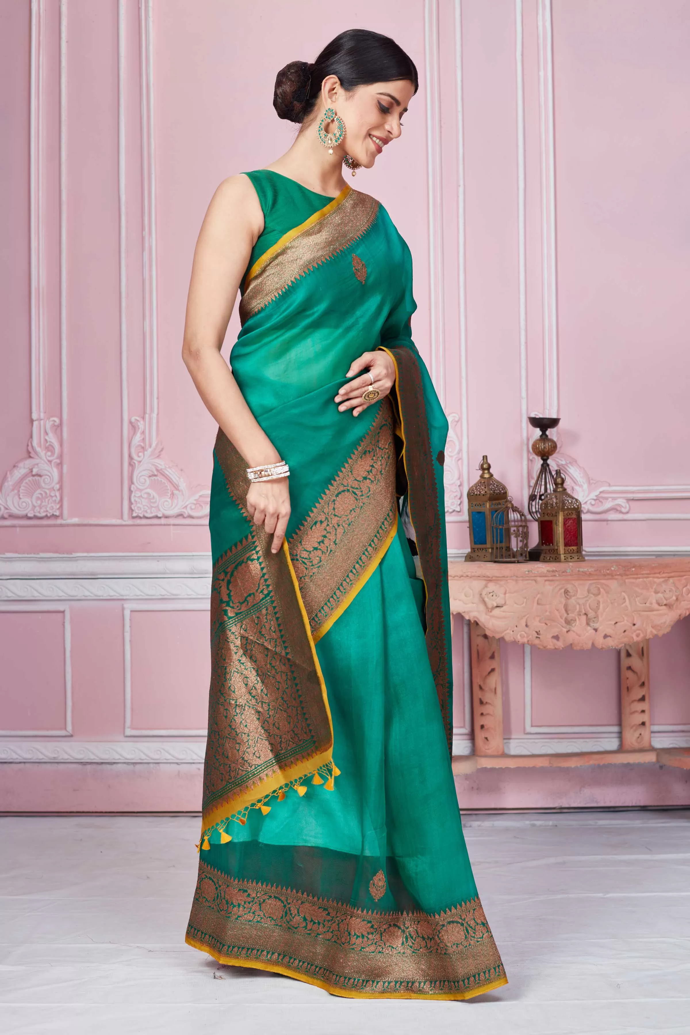 92A236 Green Banarasi Saree With Antique Zari Border