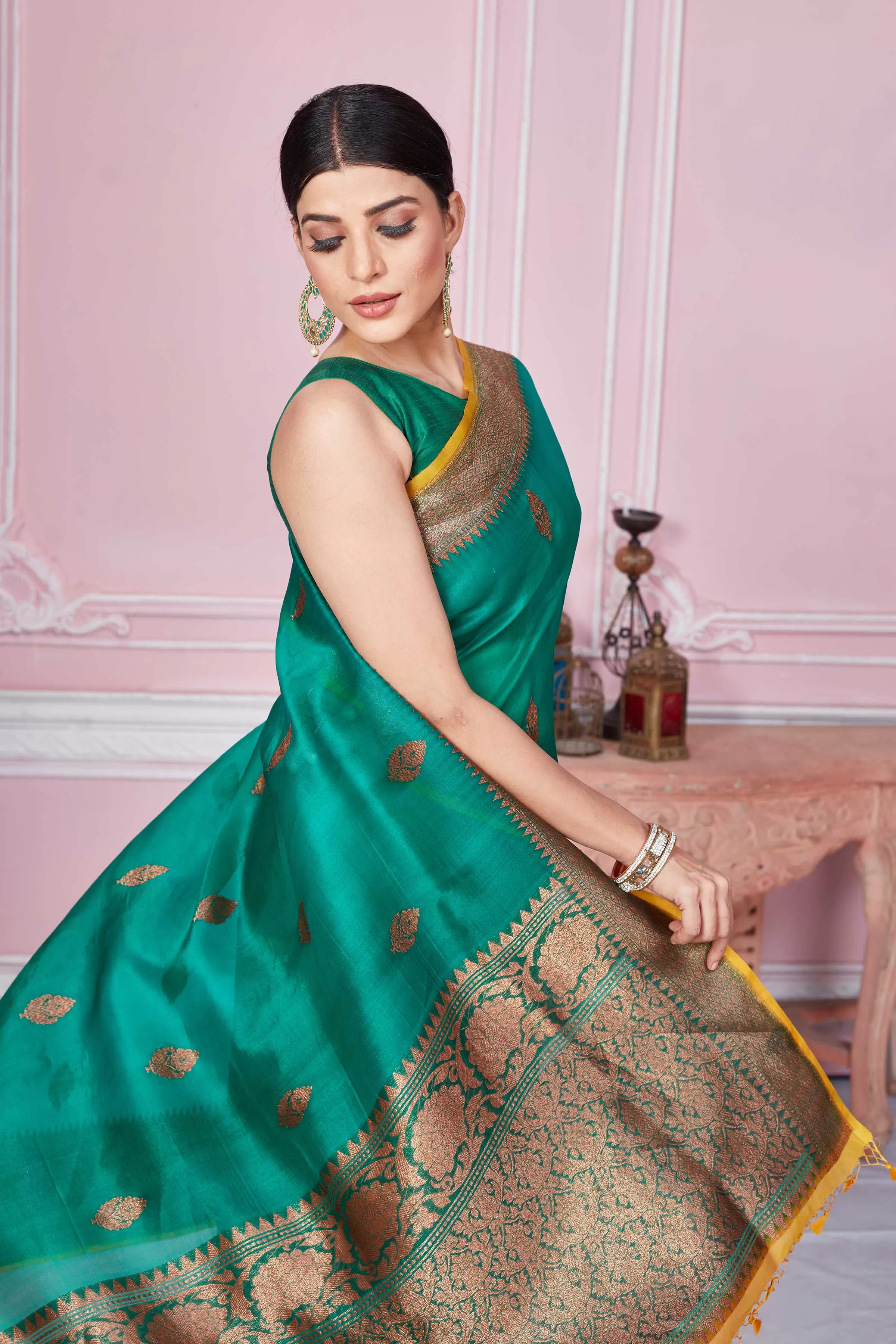 92A236 Green Banarasi Saree With Antique Zari Border