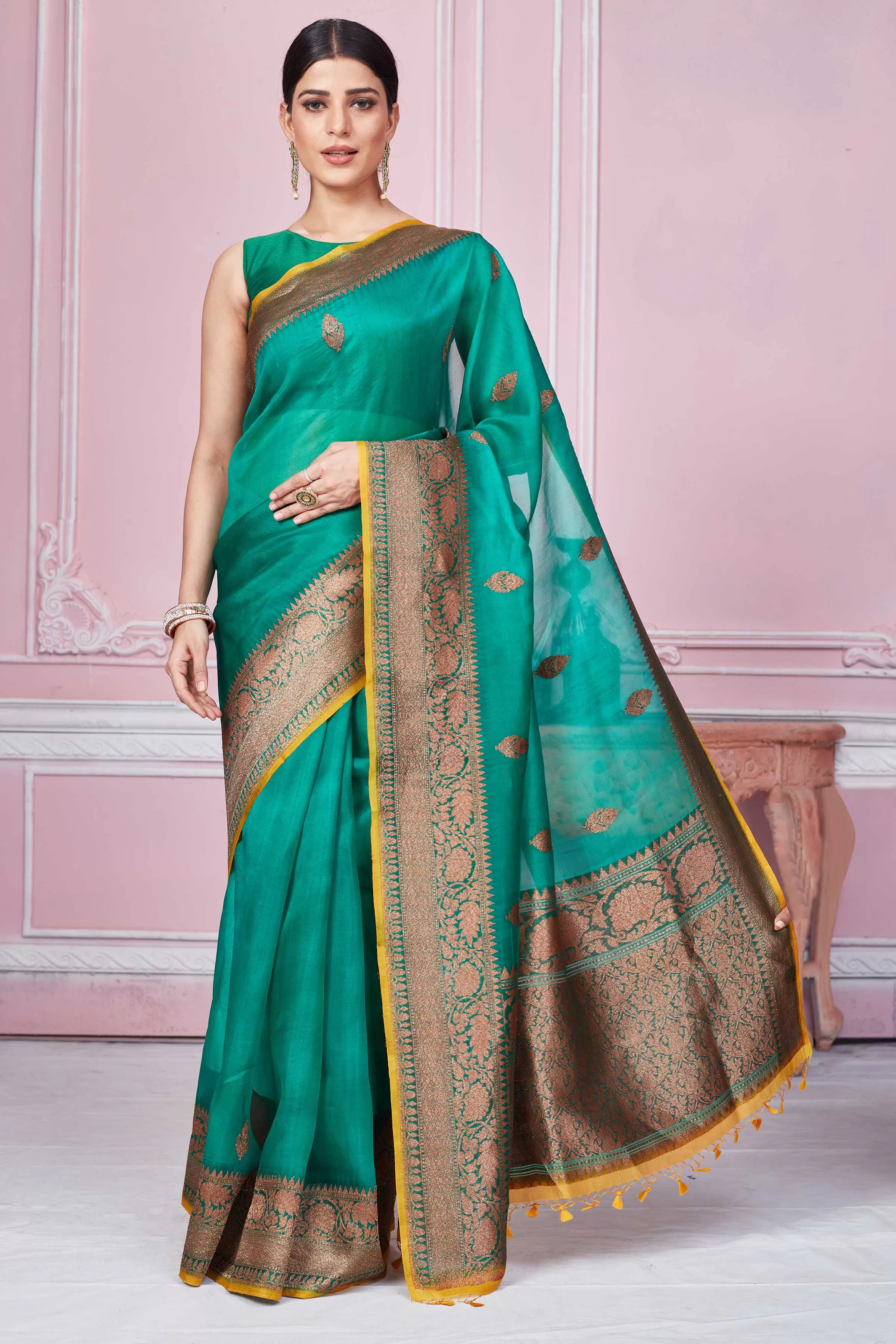 92A236 Green Banarasi Saree With Antique Zari Border