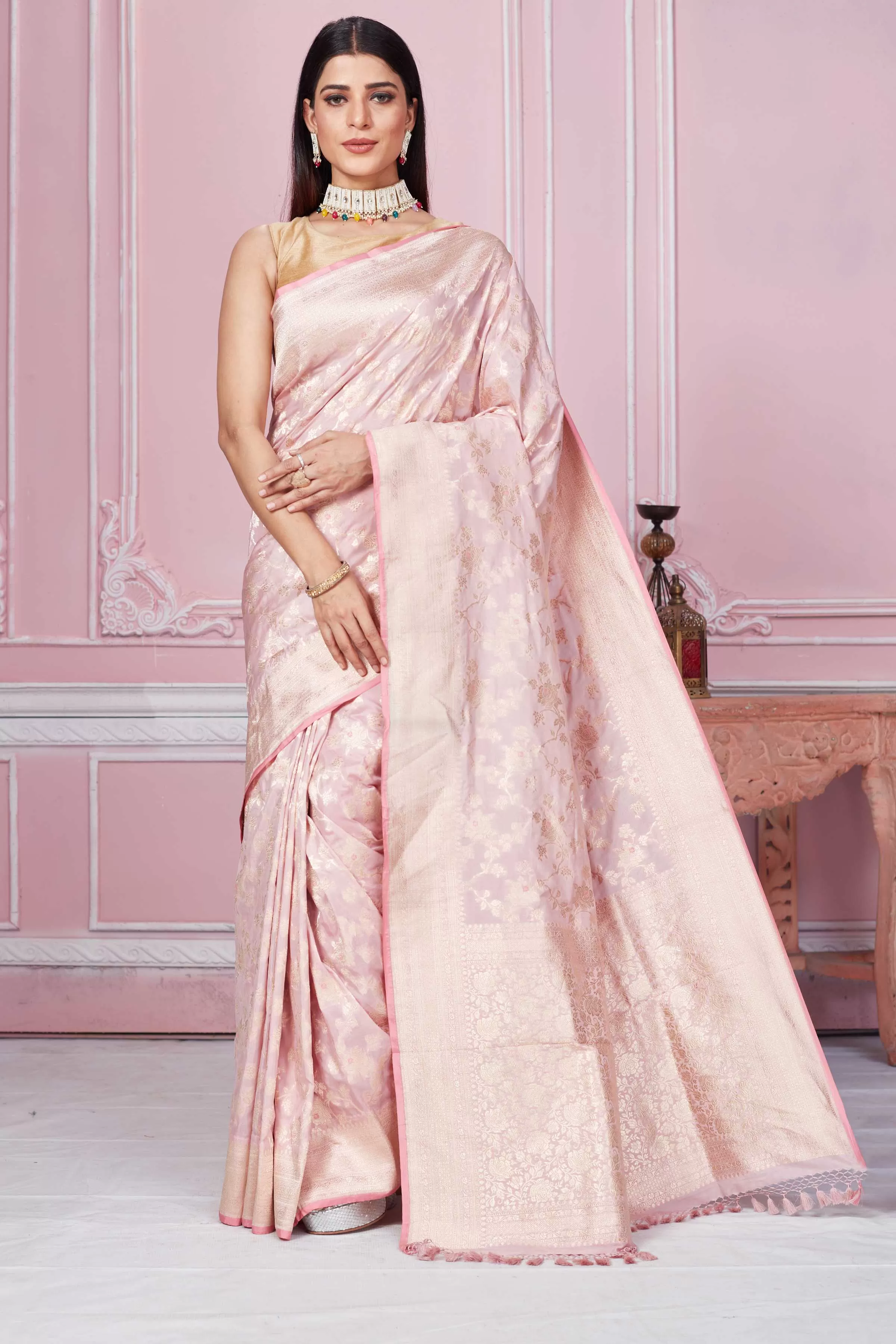 92A256 Powder Pink Banarasi Saree With Floral Zari Jaal