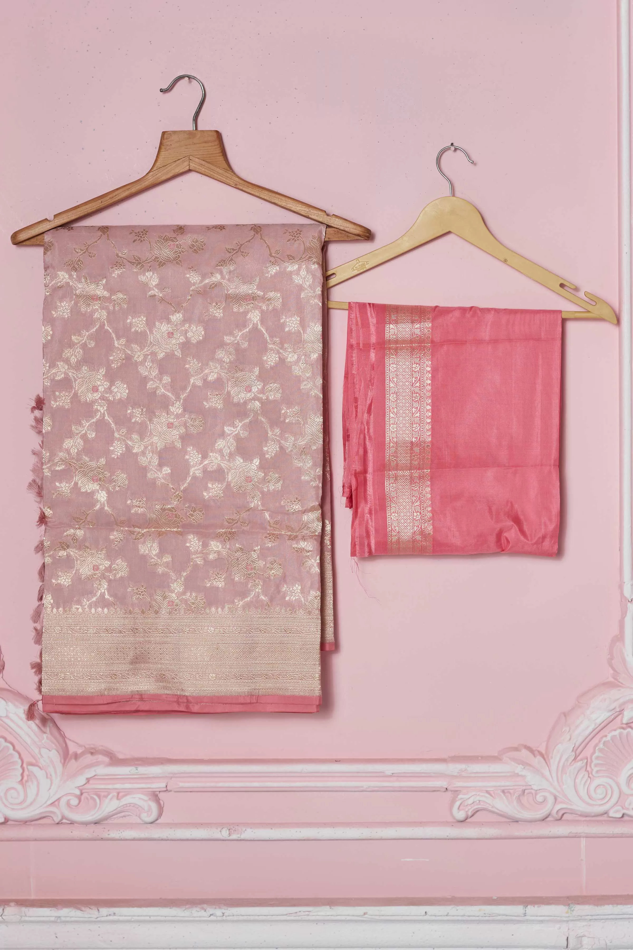 92A256 Powder Pink Banarasi Saree With Floral Zari Jaal