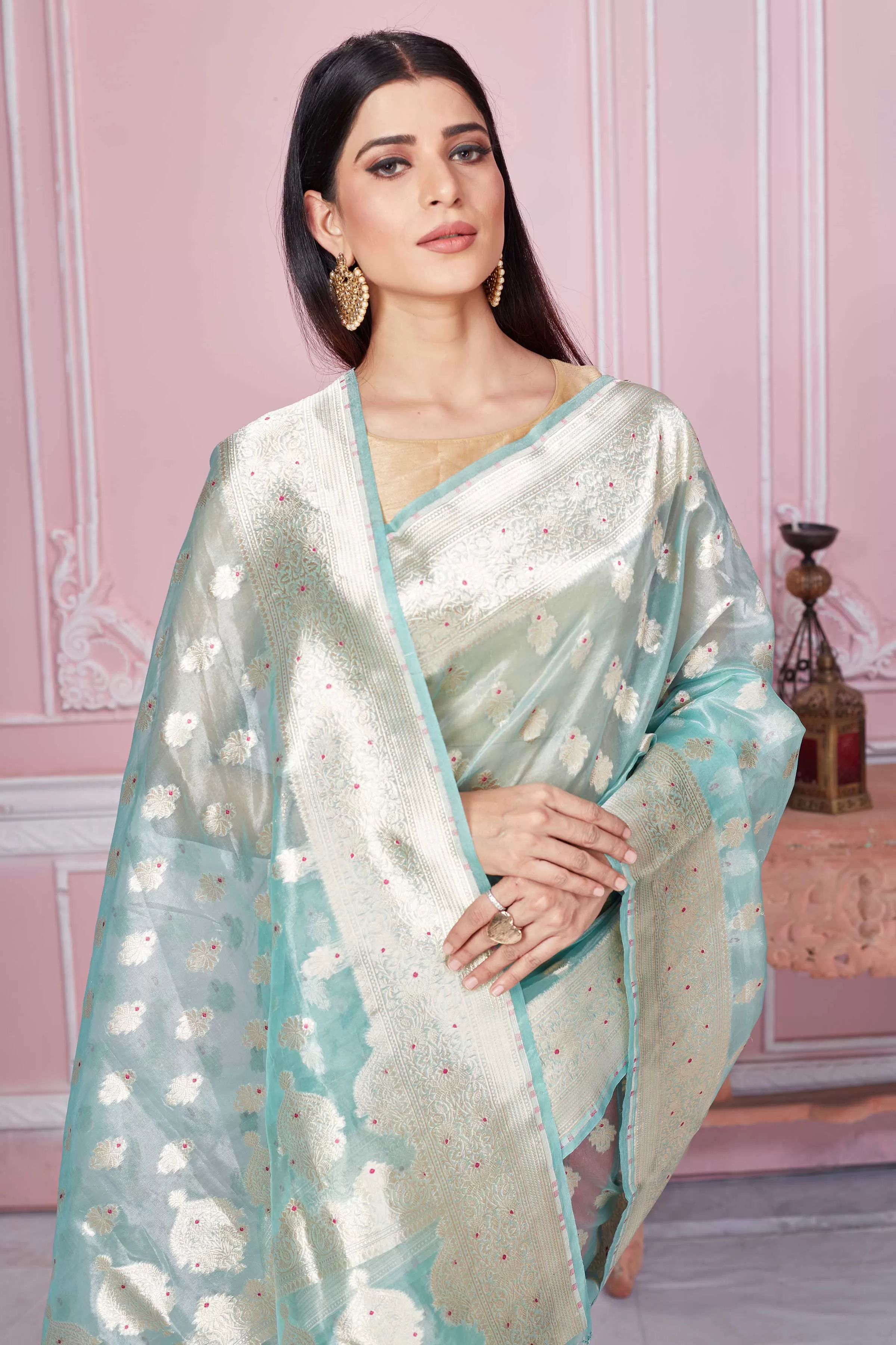 92A276 Sky Blue Banarasi Saree With Zari Minakari Buta