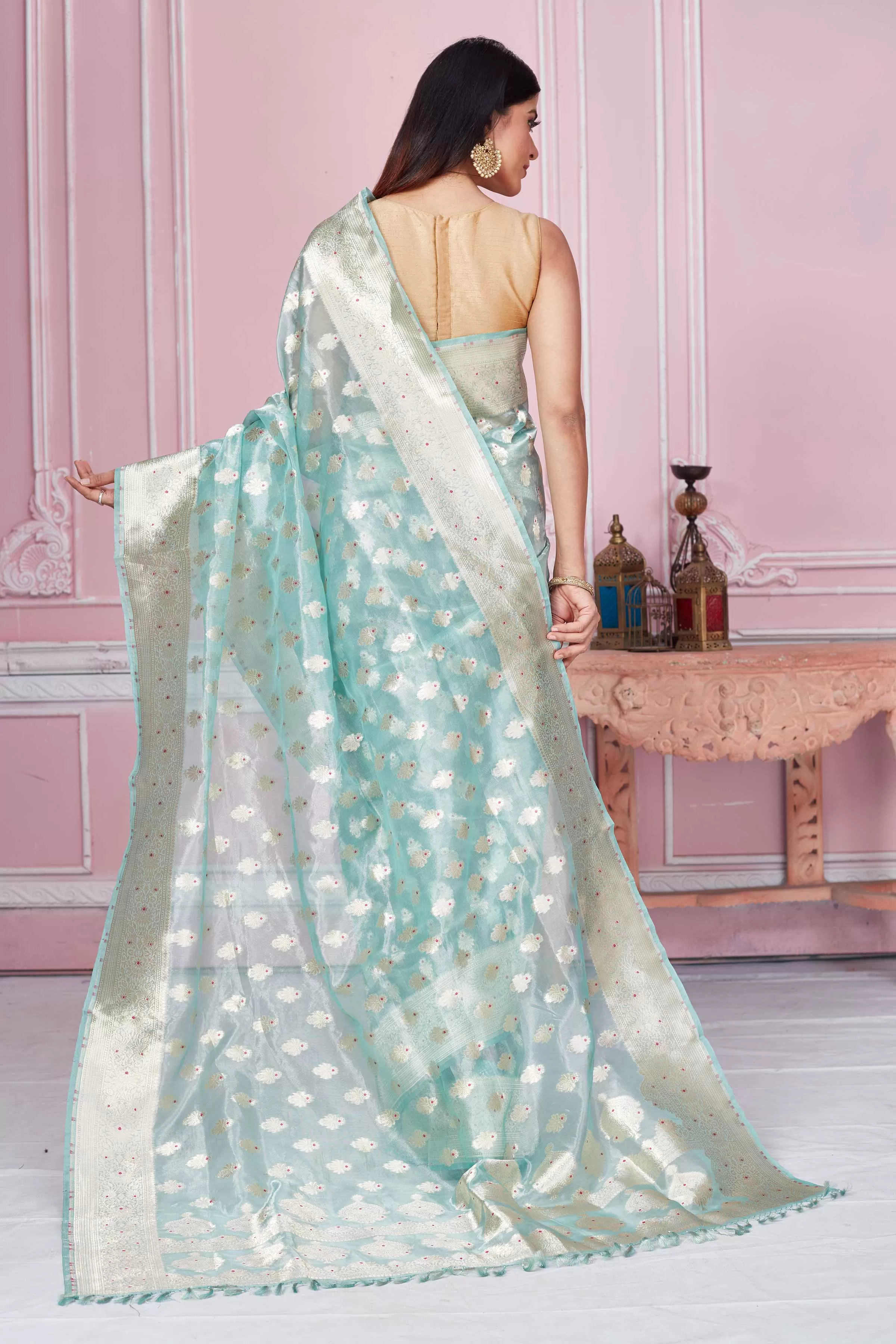 92A276 Sky Blue Banarasi Saree With Zari Minakari Buta