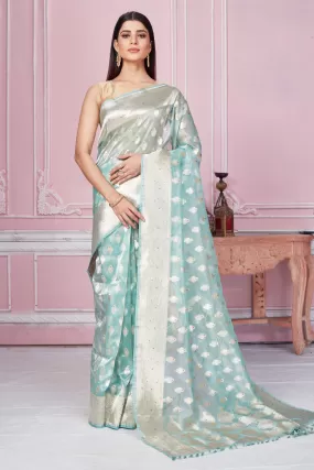 92A276 Sky Blue Banarasi Saree With Zari Minakari Buta