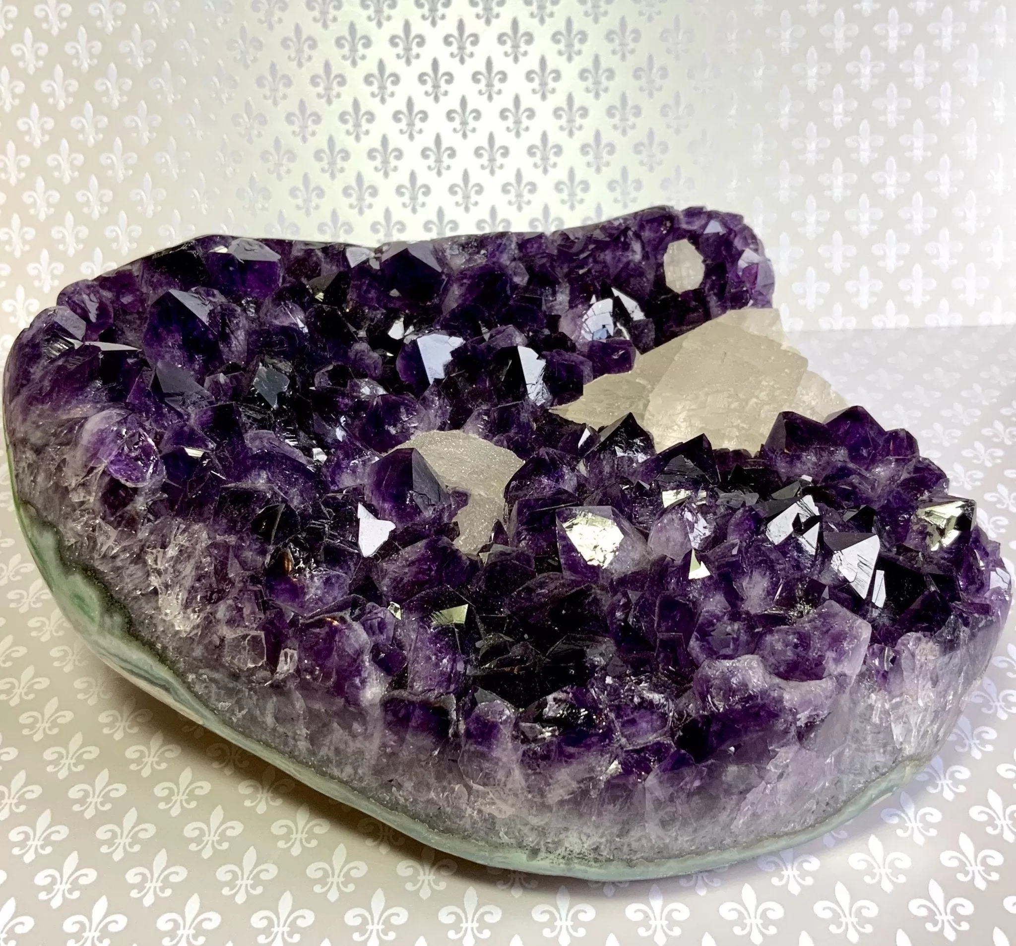 Amethyst Crystal Geode Cluster with Druzied Calcite Crystals