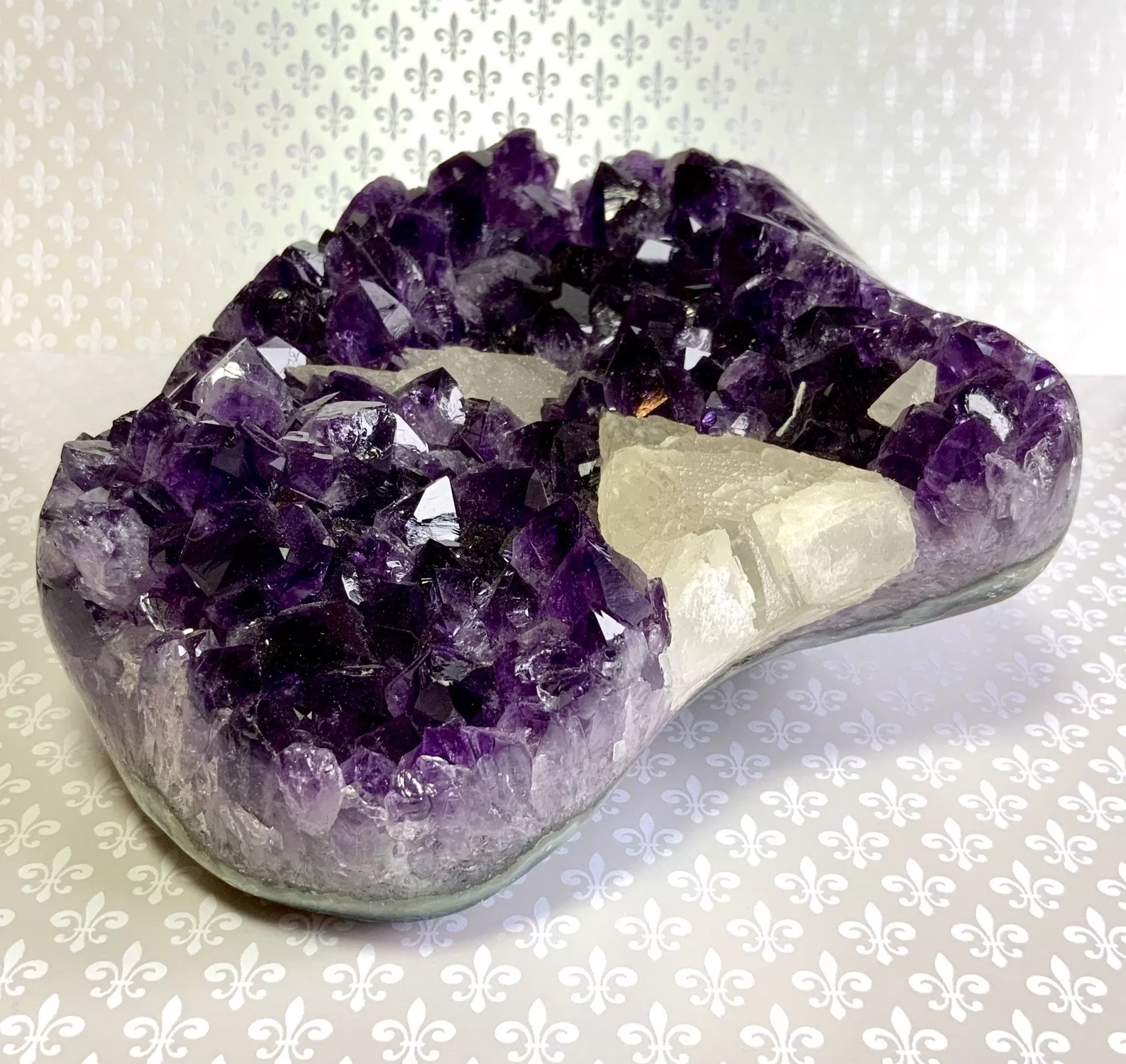 Amethyst Crystal Geode Cluster with Druzied Calcite Crystals