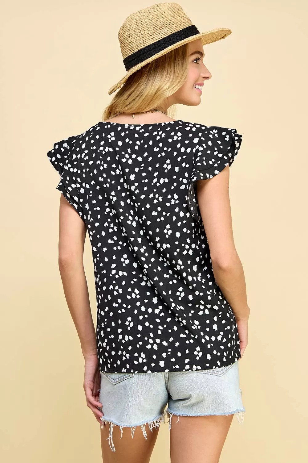 Animal Printed Top with Double Ruffled Short Sleeves in Black