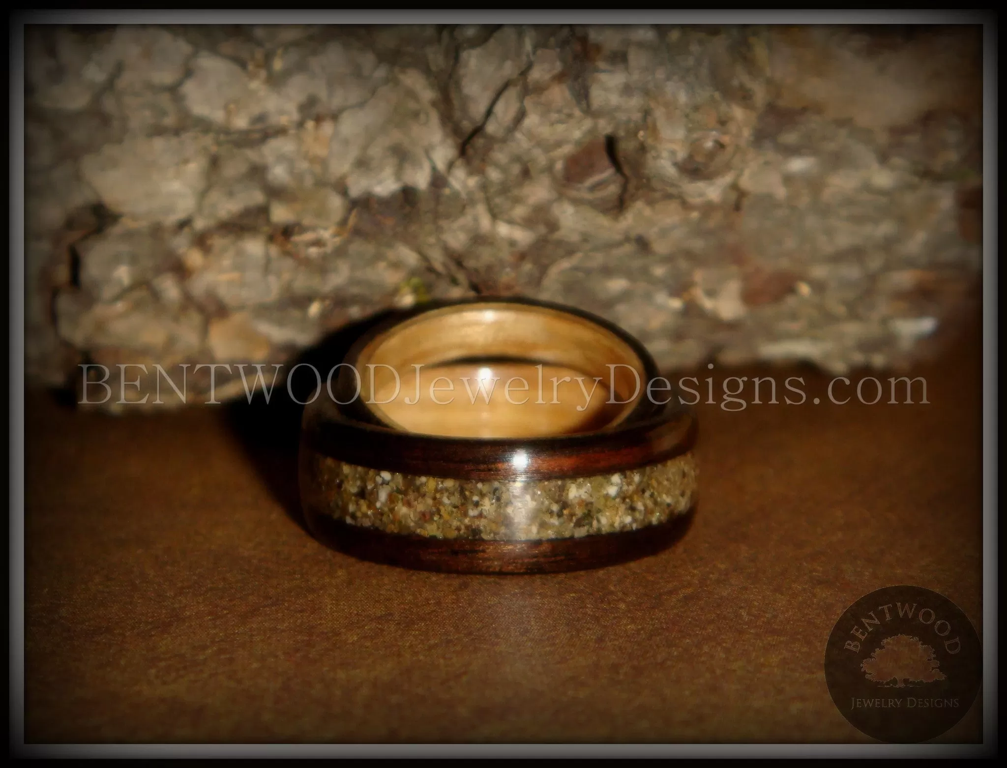 Bentwood Rings Set - Ebony Wood Ring Set with Birch Liner and Canadian Beach Sand Inlay