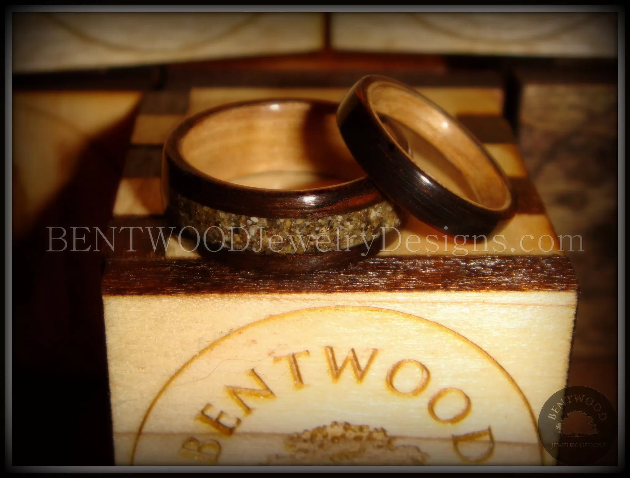 Bentwood Rings Set - Ebony Wood Ring Set with Birch Liner and Canadian Beach Sand Inlay