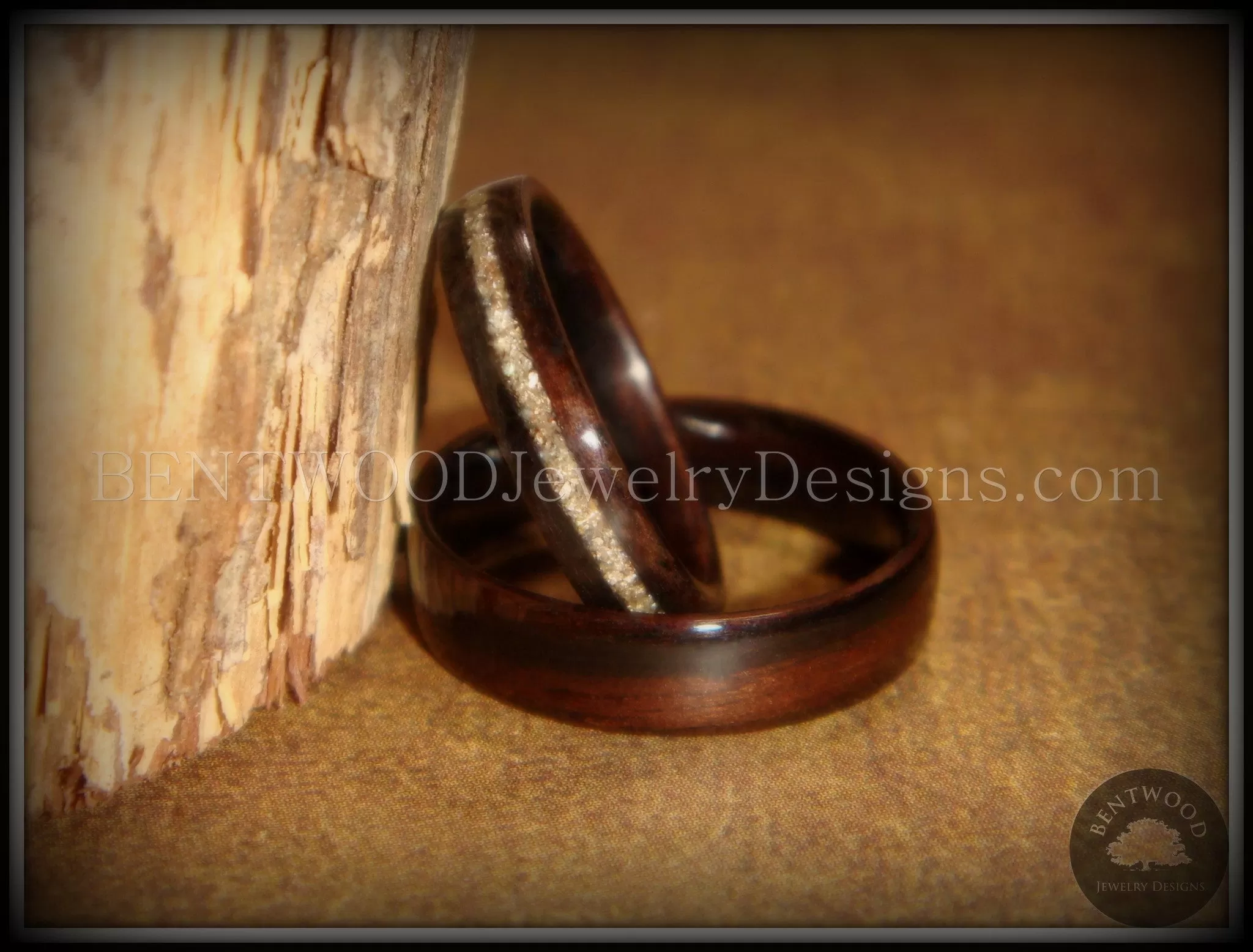 Bentwood Rings Set - Ebony Wood Ring Set with Silver German Glass Inlay