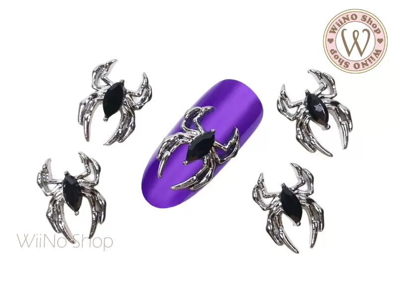 Black Crystal Spider Nail Metal Charm - 2 pcs