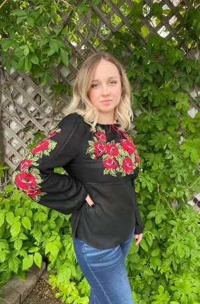 Black Embroidered Blouse Poppies