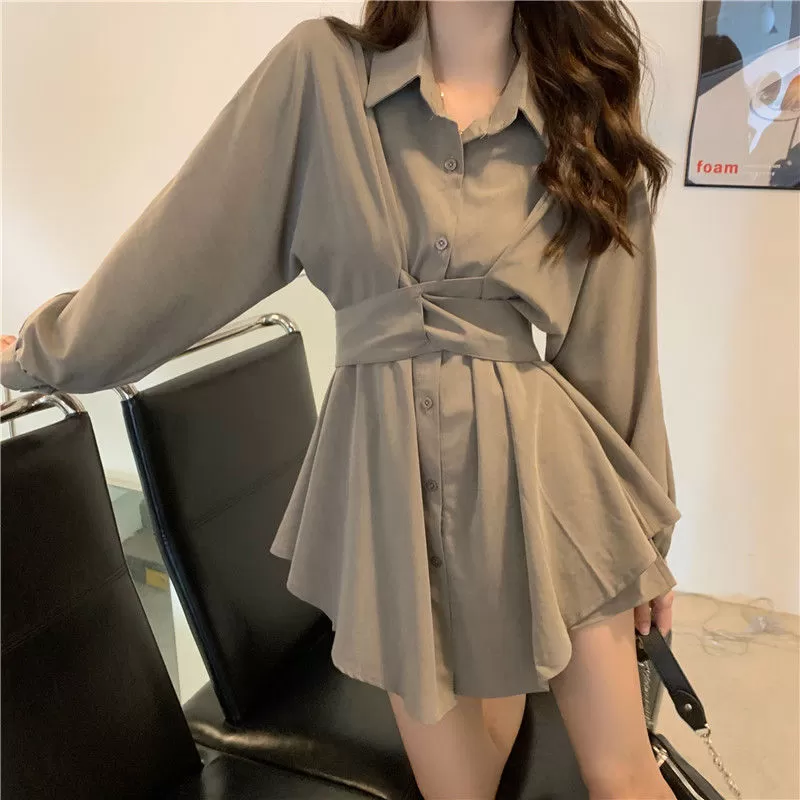 Buttoned Long Blouse/Dress with Belt Detail