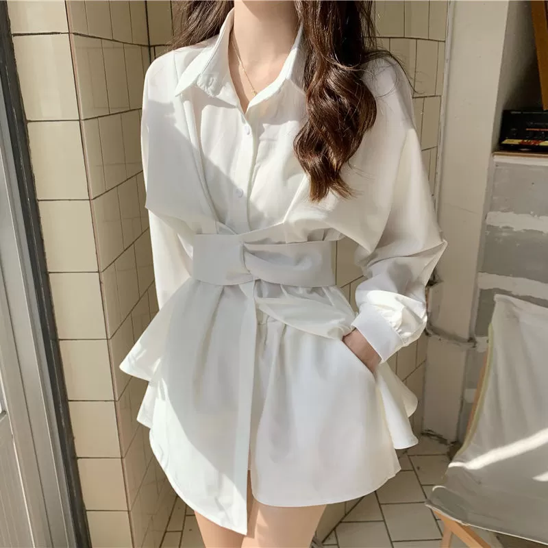 Buttoned Long Blouse/Dress with Belt Detail