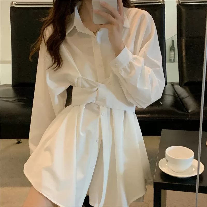 Buttoned Long Blouse/Dress with Belt Detail