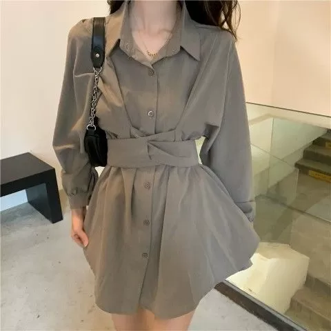 Buttoned Long Blouse/Dress with Belt Detail